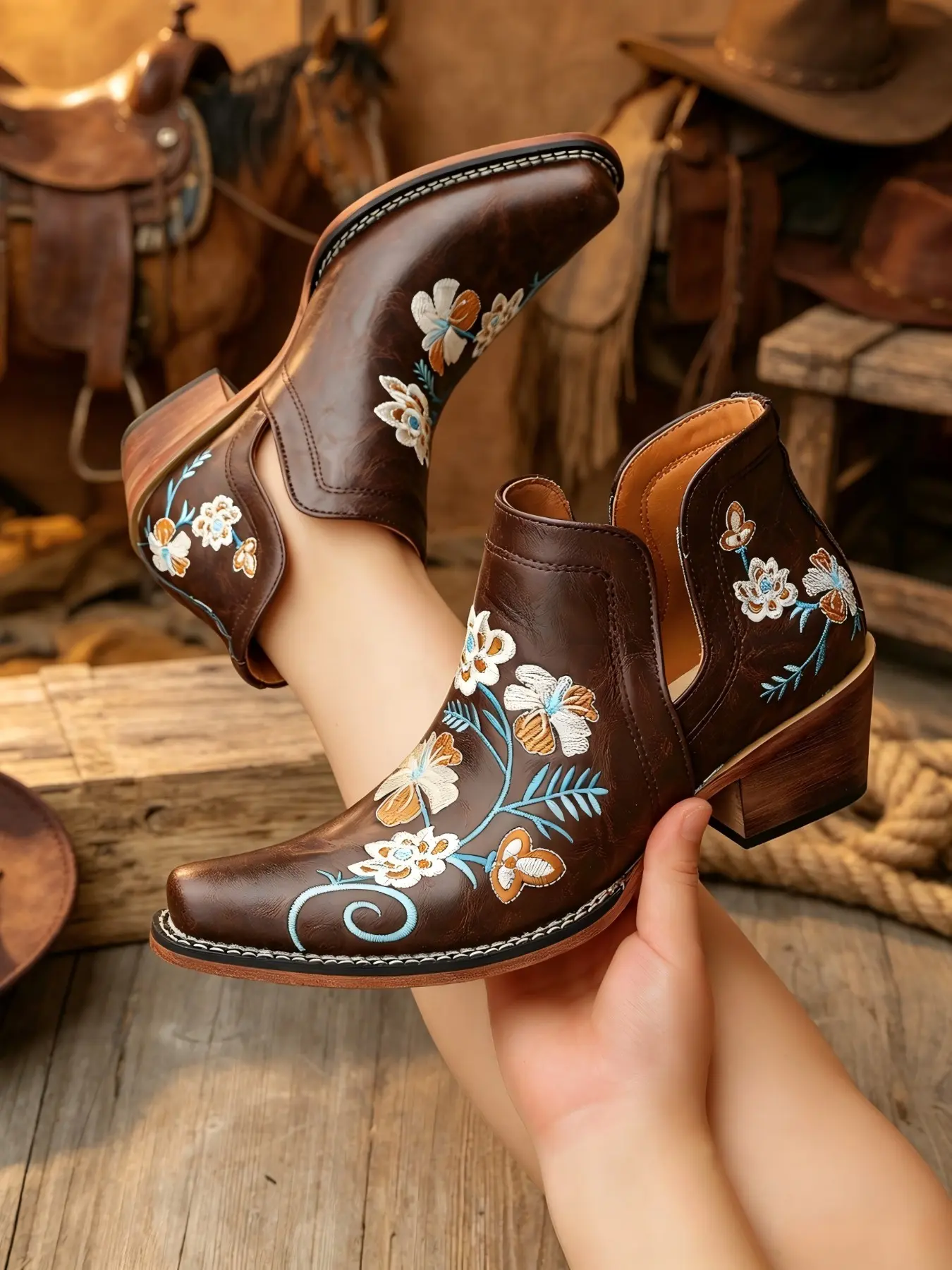 2026 Spring Summer Bestseller Floral Embroidery Western Cowboy Short Boots, V-Shape Side Cutout Thick Heel Pointed Toe Chelsea Ankle Boots