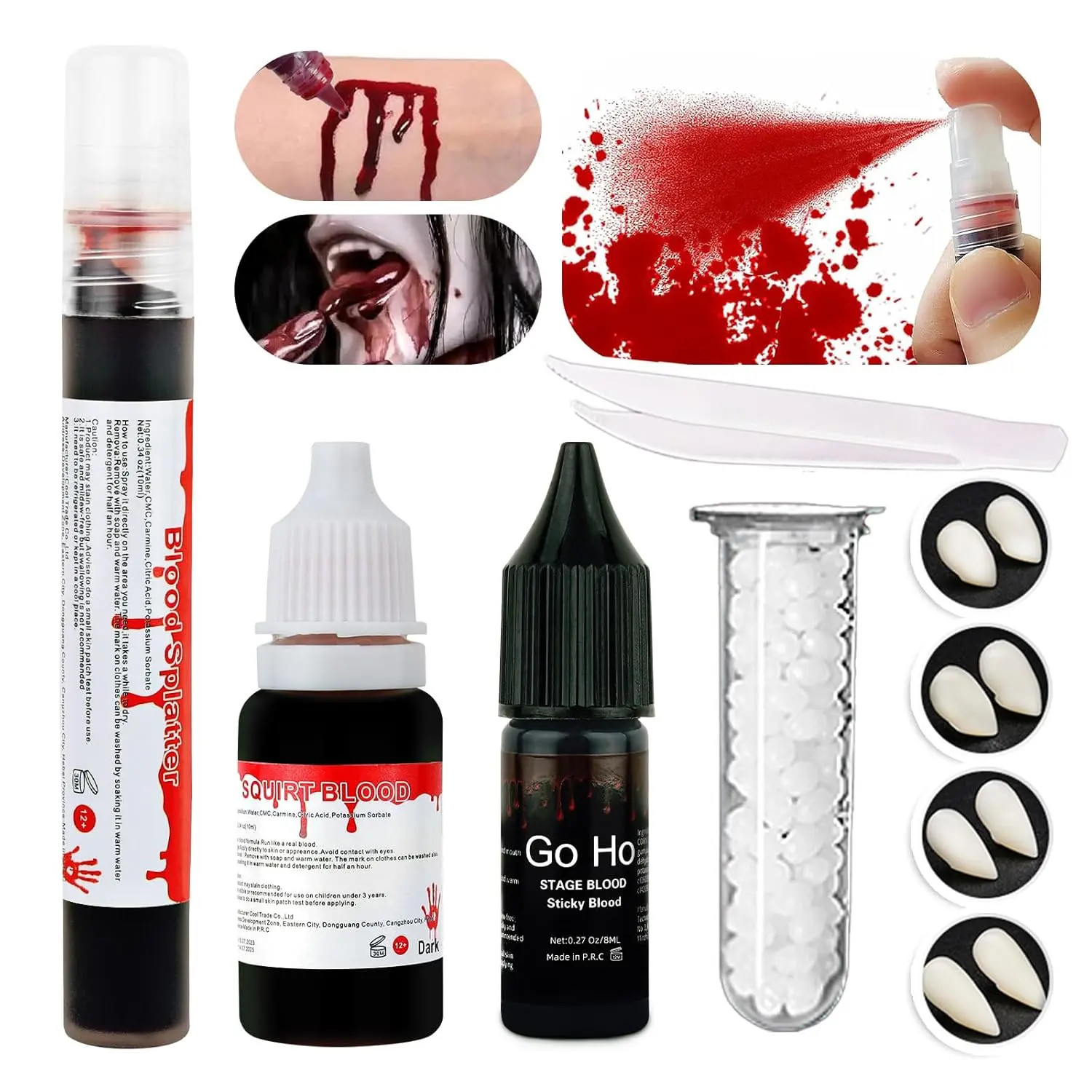 Halloween Vampire Fangs Teeth Makeup and Fake Blood Kit,4 Pairs Vampire Fangs 4 Sizes Fake Teeth+ Fake Blood Spray+ Sticky Blood+ Dripping Blood for SFX Cosplay Makeup