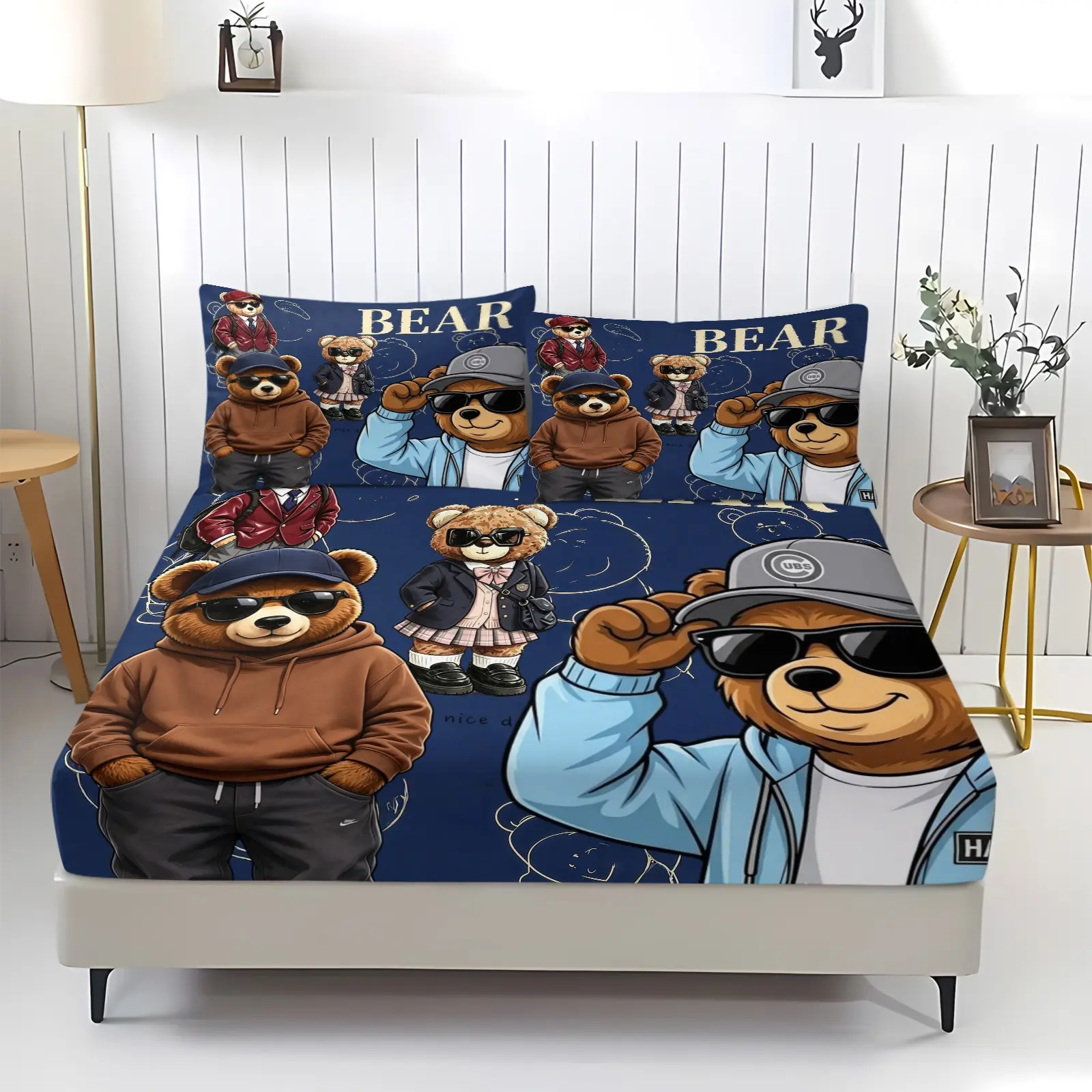 Teddy bear printed pattern bed sheet, including 1 bed sheet and 2 pillowcases, anti slip dust cover suitable for bedrooms and guest rooms, suitable for personal use or gift giving