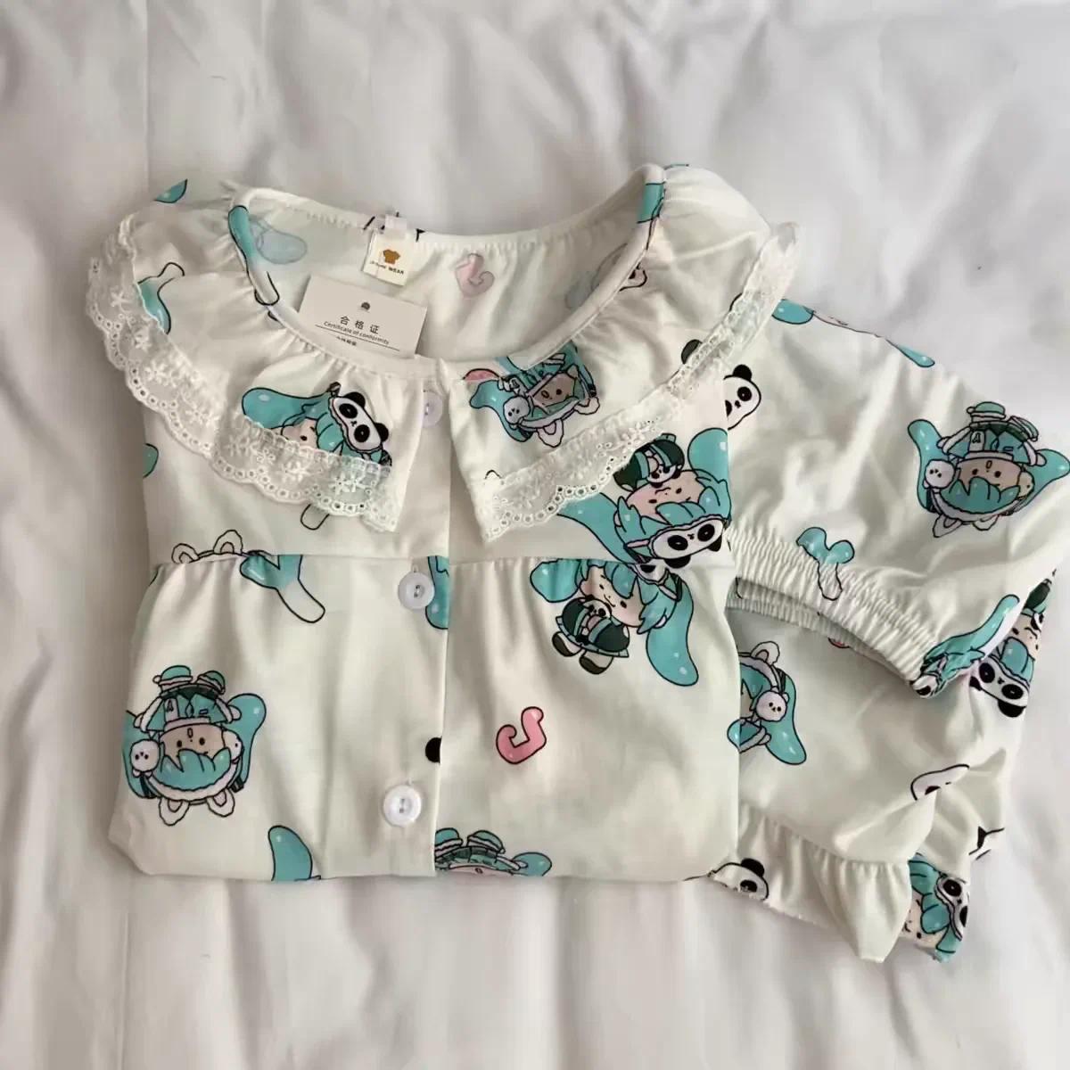 Kawaii Hatsune Miku Panda Thin Short-sleeved Women Pajamas Set New Summer Japanese Cartoon Cute Lace Soft Home Suit Pyjama Pants