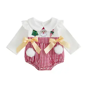 Baby Girls Plaid Romper Cute Bows Christmas Embroidery Long Sleeve Jumpsuits for Newborn Infant Fashion Clothes