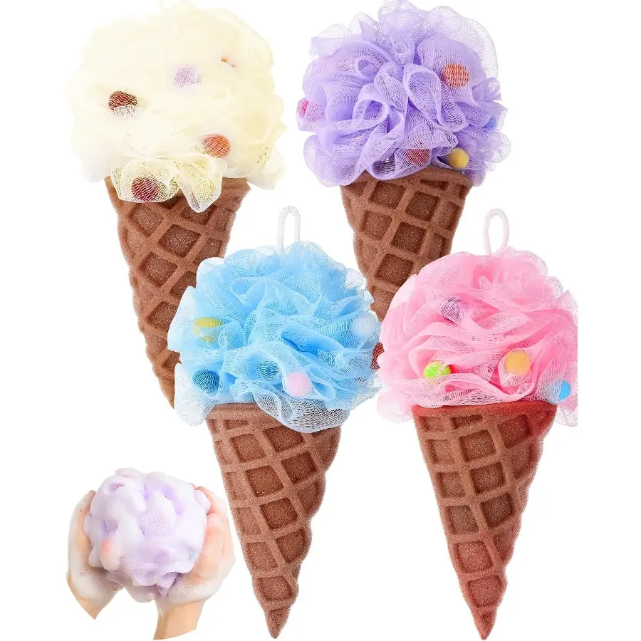 4pcs Ice Cream Shaped Bath Loofah Sponge Set - Cute Cartoon Personal Body Scrubber with Soft Mesh, Exfoliating Shower Pouf & Foaming Ball for Gentle Clean, Fun Bath Accessories, Ideal Birthday Gift