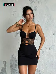 Women's Sleeveless Cut-Out Patchwork Dress, Contrast Lace Design Fitted Sheer Party Wear, Adjustable Straps Sexy Casual Style