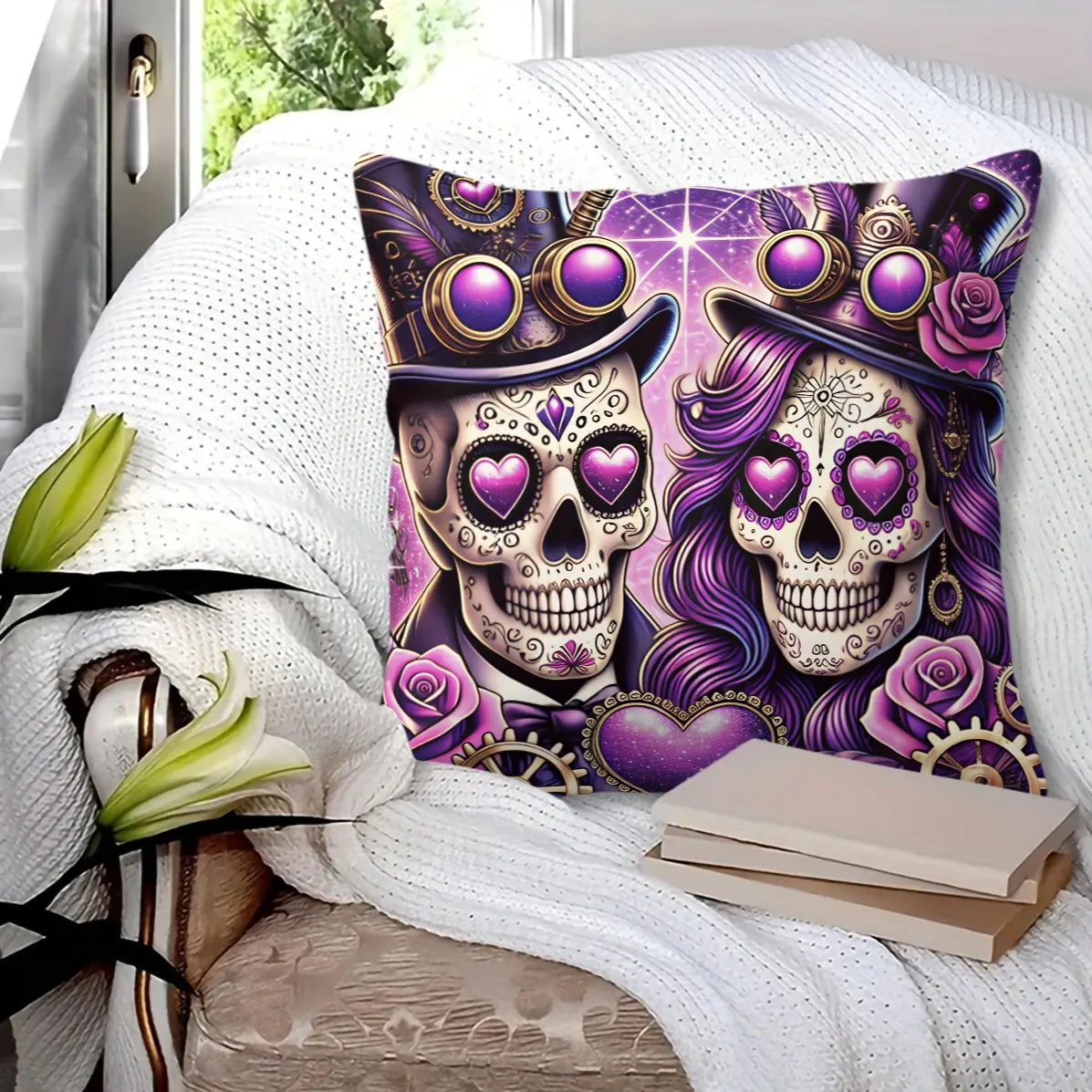 45x45cm1Pc Vintage Floral Skull Throw Pillow, Hand Drawn Couple Skeleton Rose Star Print, Cozy Sofa Decor Cushion With Insert