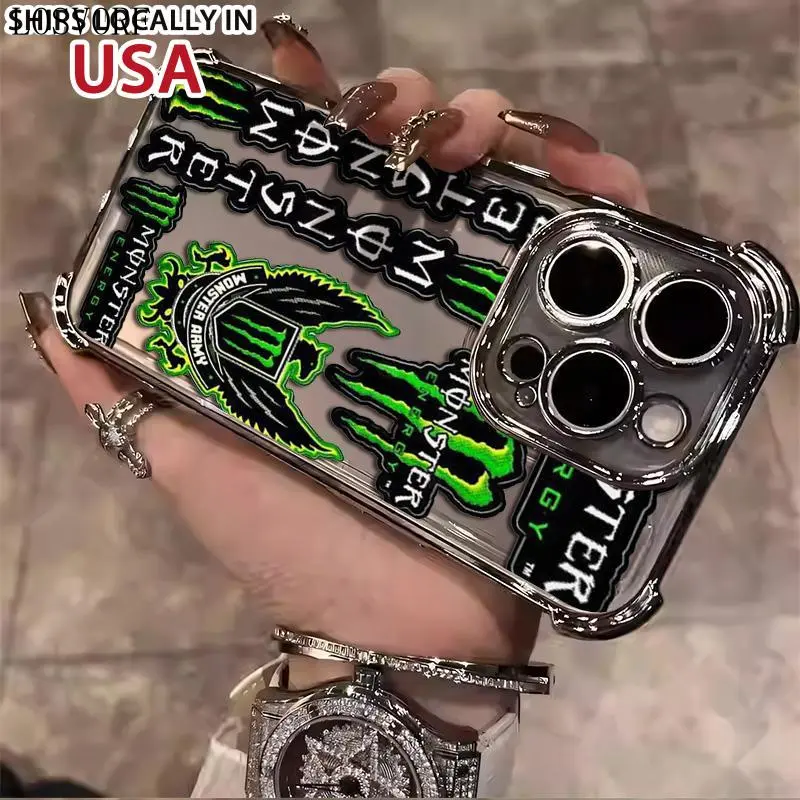 LOSVORF Monster Energy Element Cool Pattern Hollow Phone Case Suitable for iPhone 16/15/14/13/12/11 Xs Pro Max Plus electroplated anti drop soft case phone case C203 Protection Protector Shockproof Casing Cover Cellphone Protective Smartphone