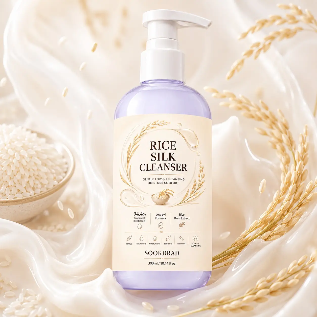 Rice Silk Cleanser, contains 94.4% Fermented Rice Extract, Rice Bran Extract, Low pH Formula, Gentle Low-pH Cleansing, Nourishing, Moisturizing, Soothing, Repairing, Moisture Comfort, 10.14fl oz,