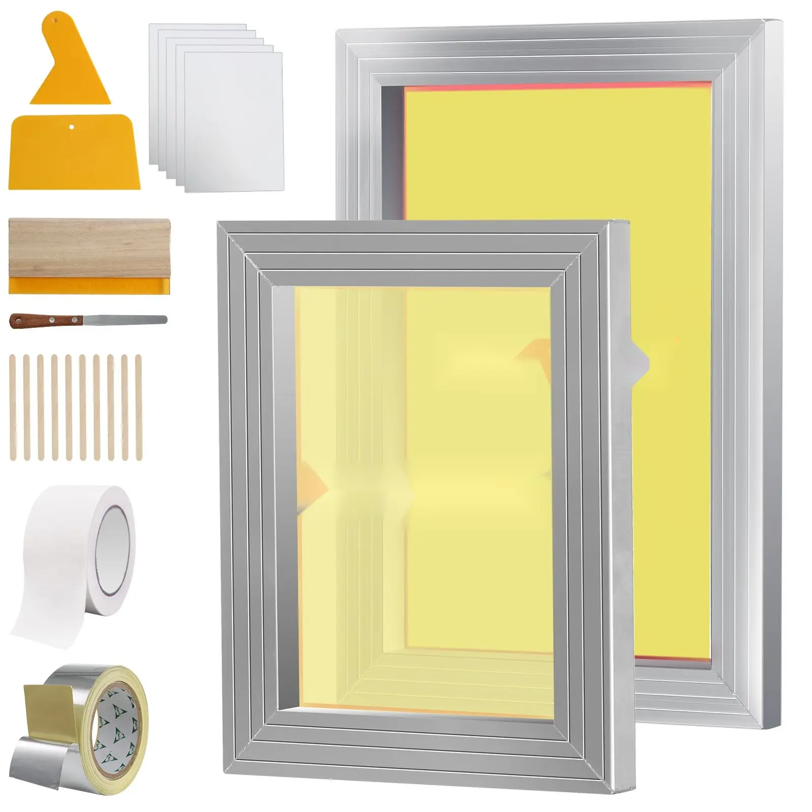 Screen Printing Kit with Aluminum Silk Screen Frames 8x10 and 10x14 Inches, 110 Mesh Count, Includes 2 Tapes, Screen Printing Squeegees, Transparency Films, and Accessories for T-Shirts DIY Printing, Professional Grade