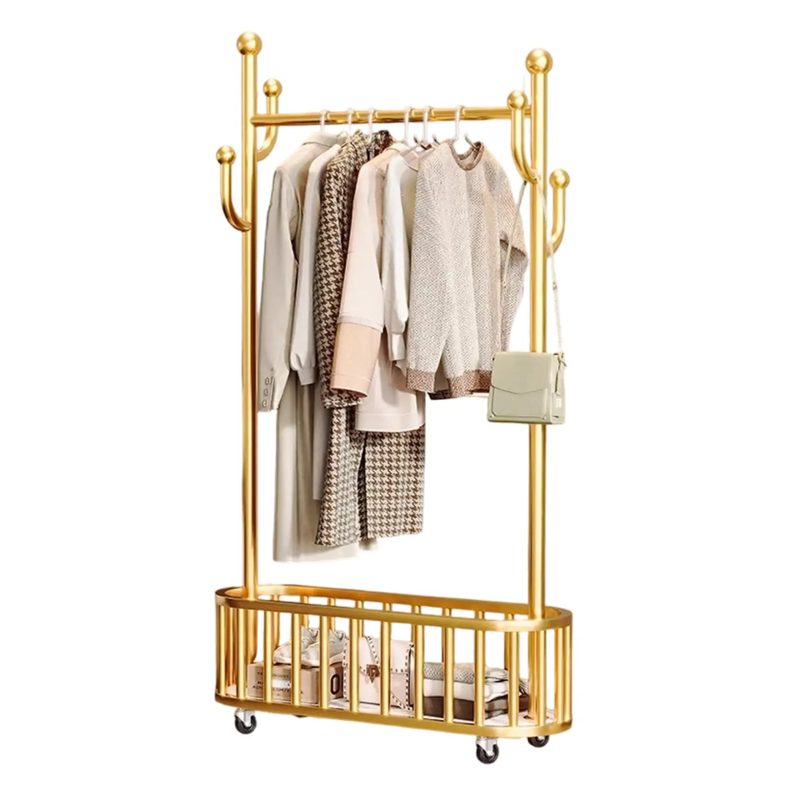 Garvee Rolling Clothing Rack with Wheels and Basket Storage, Metal Moveable Large Coat Rack Decorative Clothing Racks for Hanging Clothes for Bedroom Boutiques
