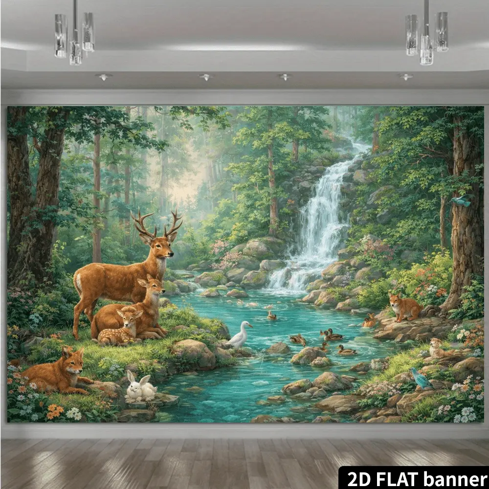 Forest Stream Animal Tapestry - Wall Hanging Decoration for Indoor-Outdoor Use, Lush Green Forest Scene with Deer, Fox, Rabbit, Ducks, Birds, Mountain Waterfall, Blooming Flowers, Ideal Gift