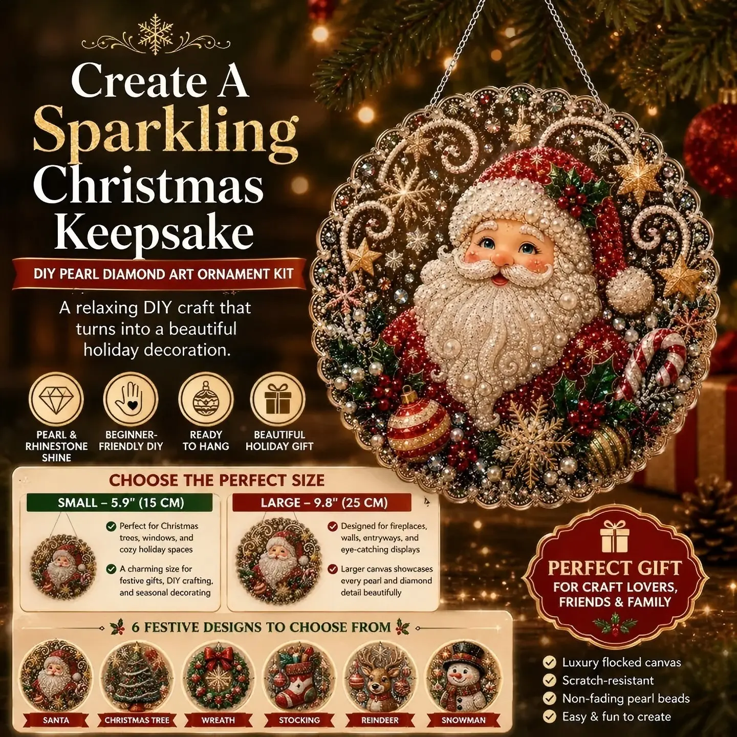 Christmas Pearl Diamond Art Ornament Kit, DIY Craft Supplies, Holiday Decoration Set, Easy-To-Use Jewelry Making Tools