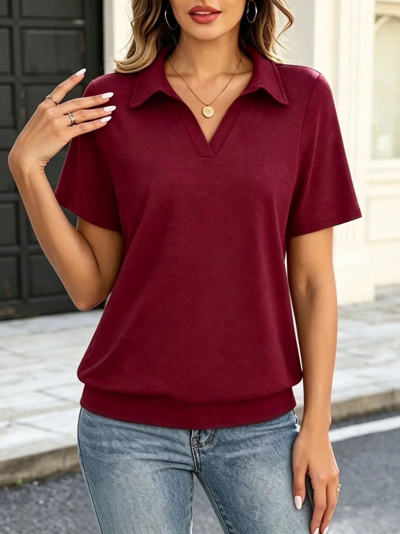 Summer New Women's Short Sleeve Polo Shirt, Business Casual Ladies T-Shirt, European Style, Hemmed Bottom, Fashionable Top