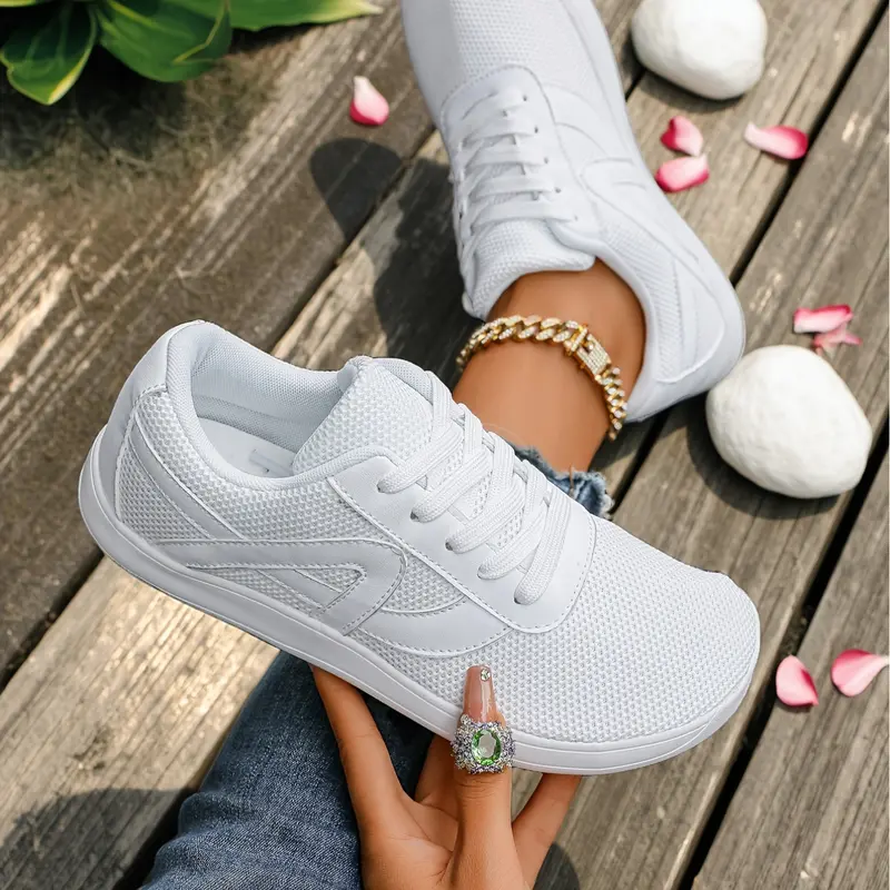 FAYWELLME  Women's all-white mesh breathable sports shoes, wide-brimmed toe comfortable nude shoes, light and soft sole lace-up casual walking shoes, suitable for daily outdoor wear, Lightweight Mesh Shoes, Lightweight Comfy Shoes