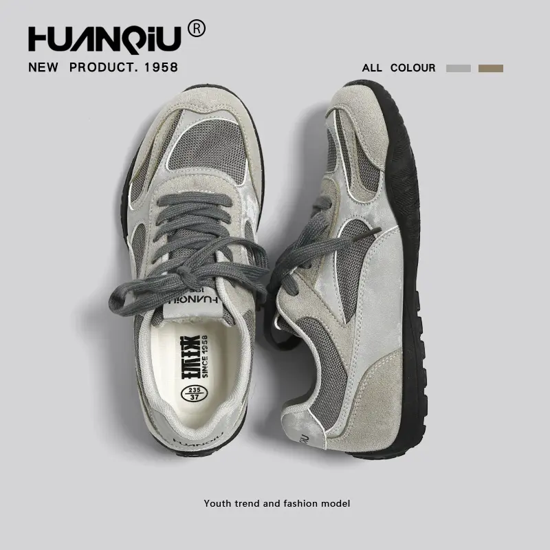 Comfortable for long walks! HUANQIU breathable mesh Cornetto shoes, wide-foot friendly flat retro training shoes, matching grey casual shoes for couples.
