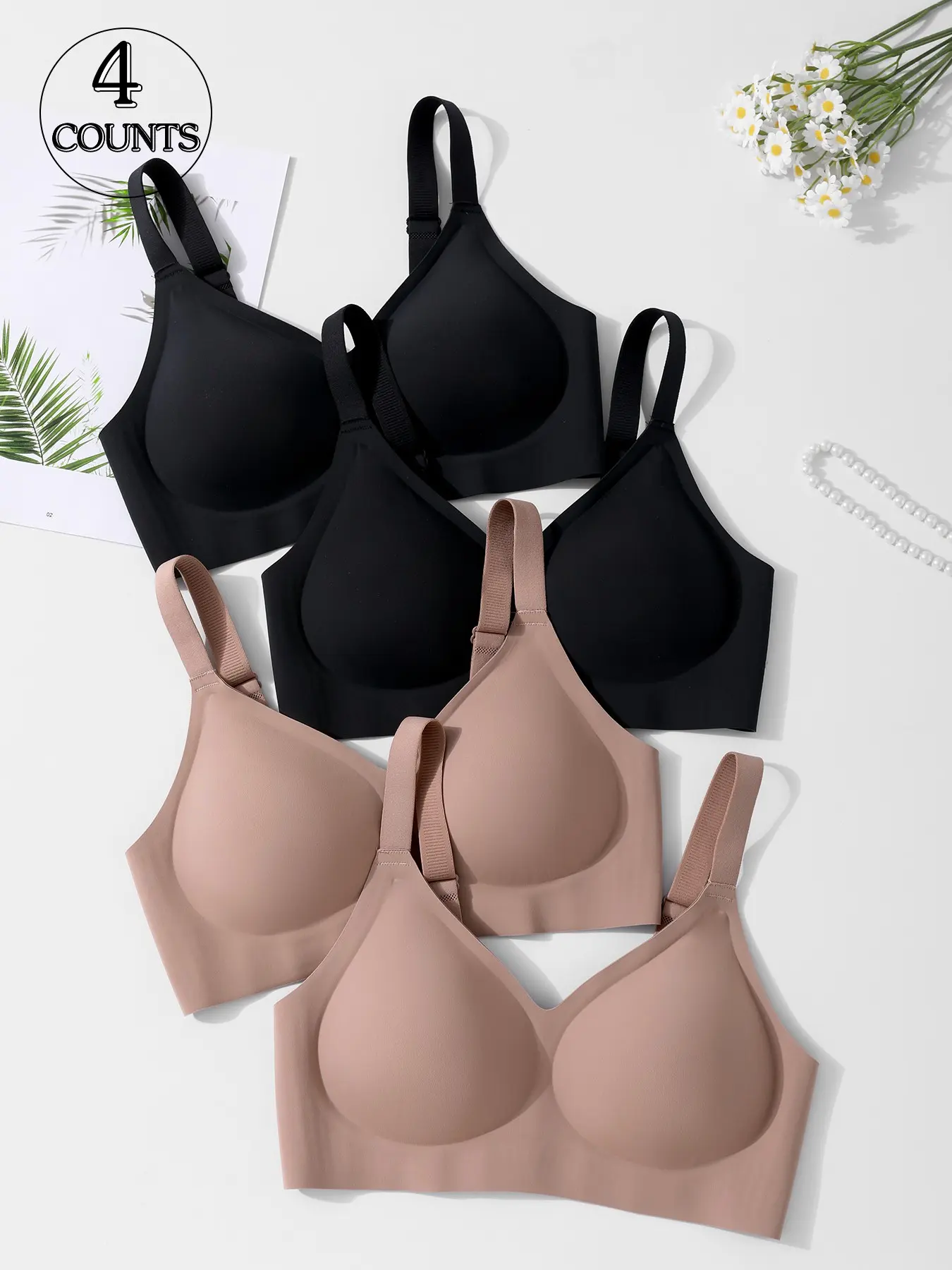 4pcs/6 colors High-quality seamless wireless bra; Push-up lifting high-support bra; Comfortable skin-friendly soft fabric; High elasticity 4row 3-hook design; Adjustable shoulder strap sports bra; XS-XL sizes; Daily casual seamless underwear
