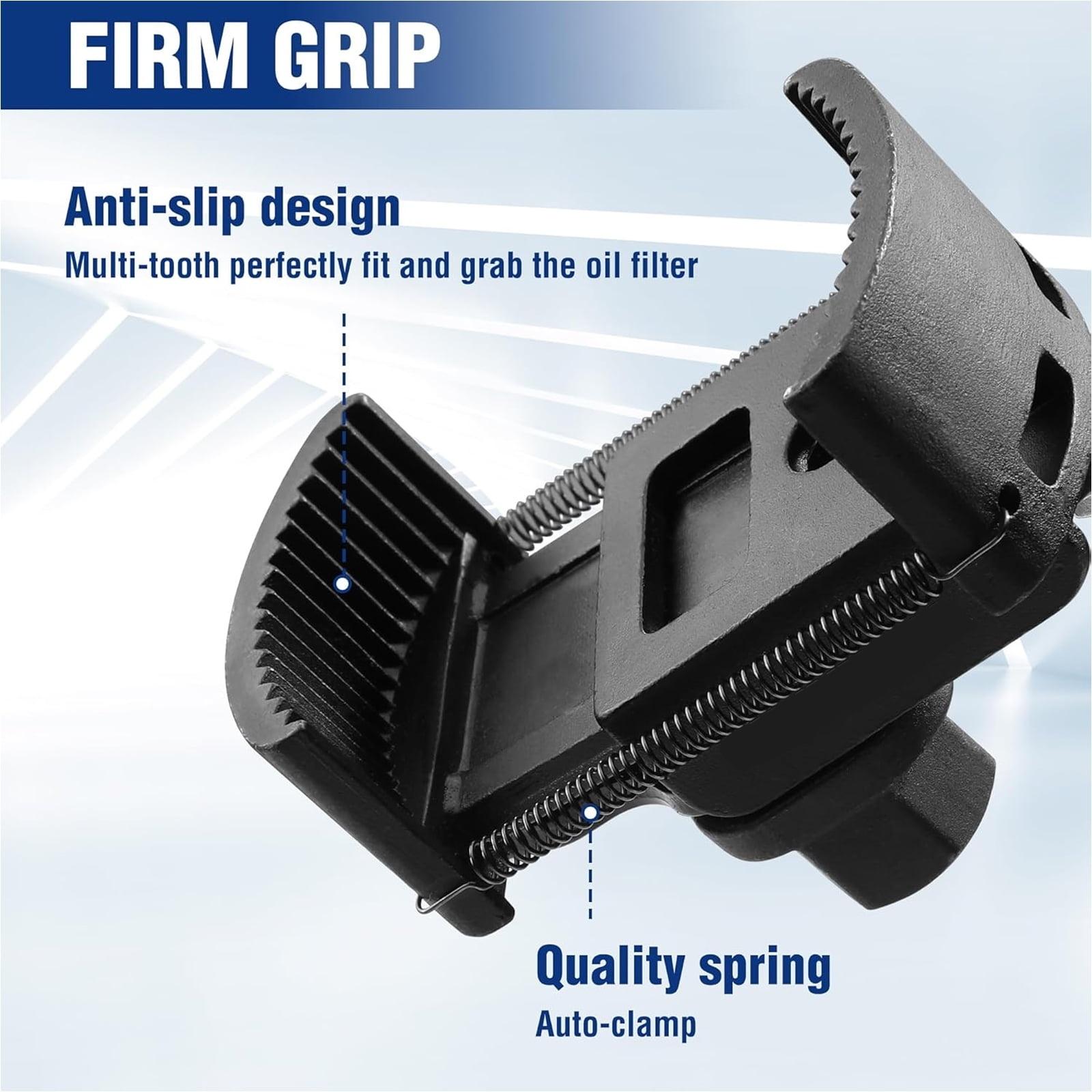 Universal Self Adjusting Oil Filter Removal Tool Heavy Duty Anti Slip Jaw Fits 60mm 80mm Spin On Filters with 12 Inch Drive for Easy Car Truck Oil Change