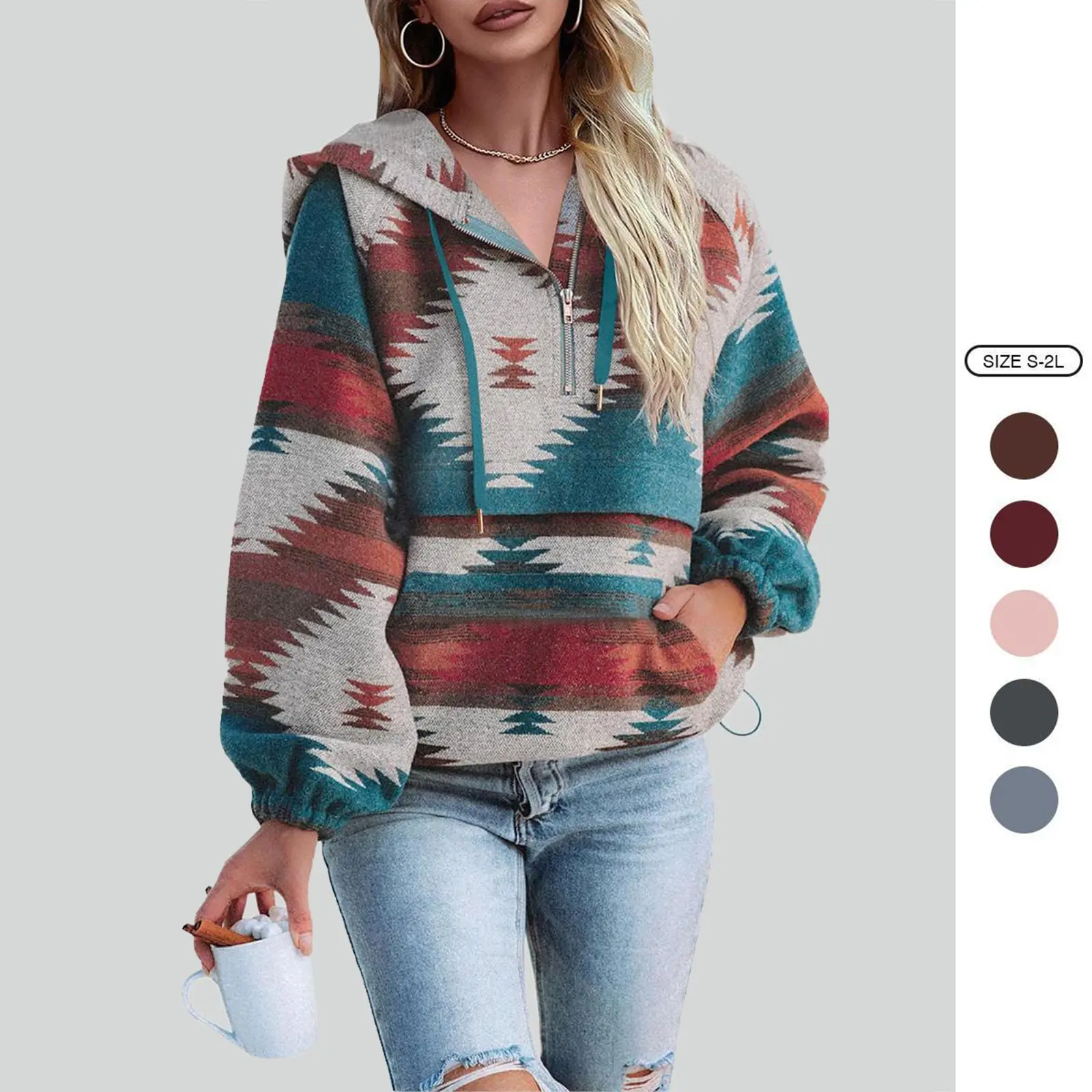 Imily Bela Women’s Oversized Hoodie Zip Up Long Sleeve Aztec Loose Fit Sweatshirts Pullover Tops