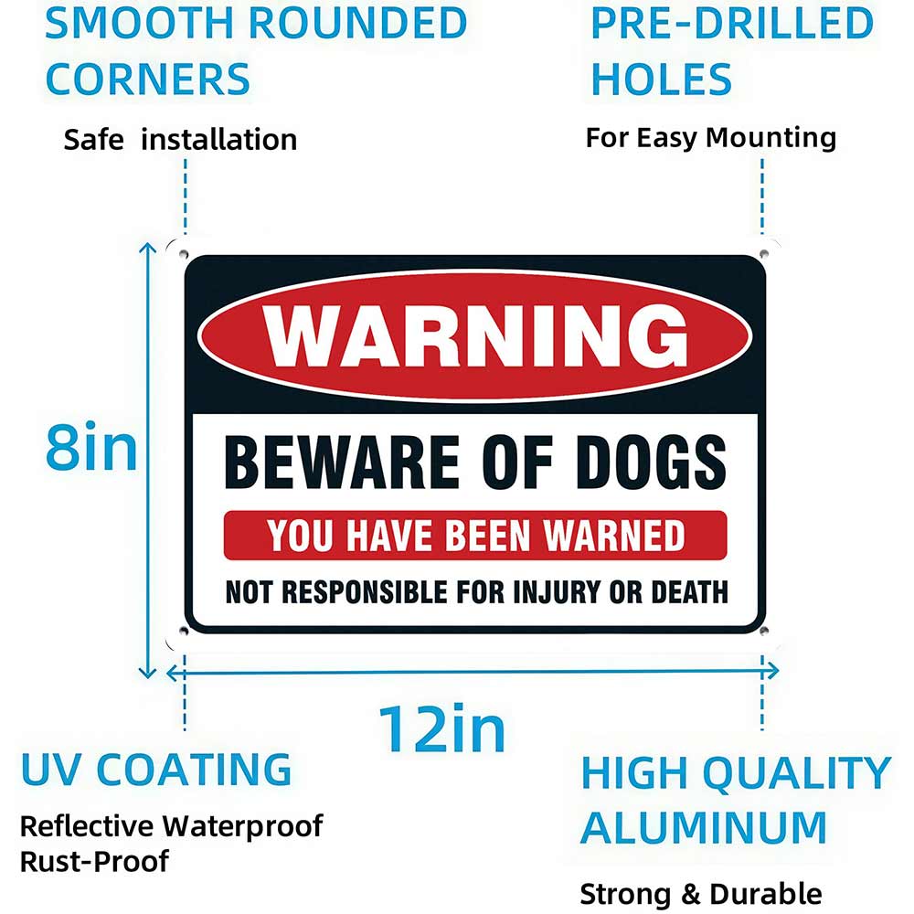 Warning Beware Of Dogs Metal Sign 12x8 In Aluminum, Vintage Dog Warning Tin Sign for Home, Yard, Fence Decor, Retro Beware Of Dogs Wall Art for Dog Owner, 12x8 Inch Aluminum Plaque