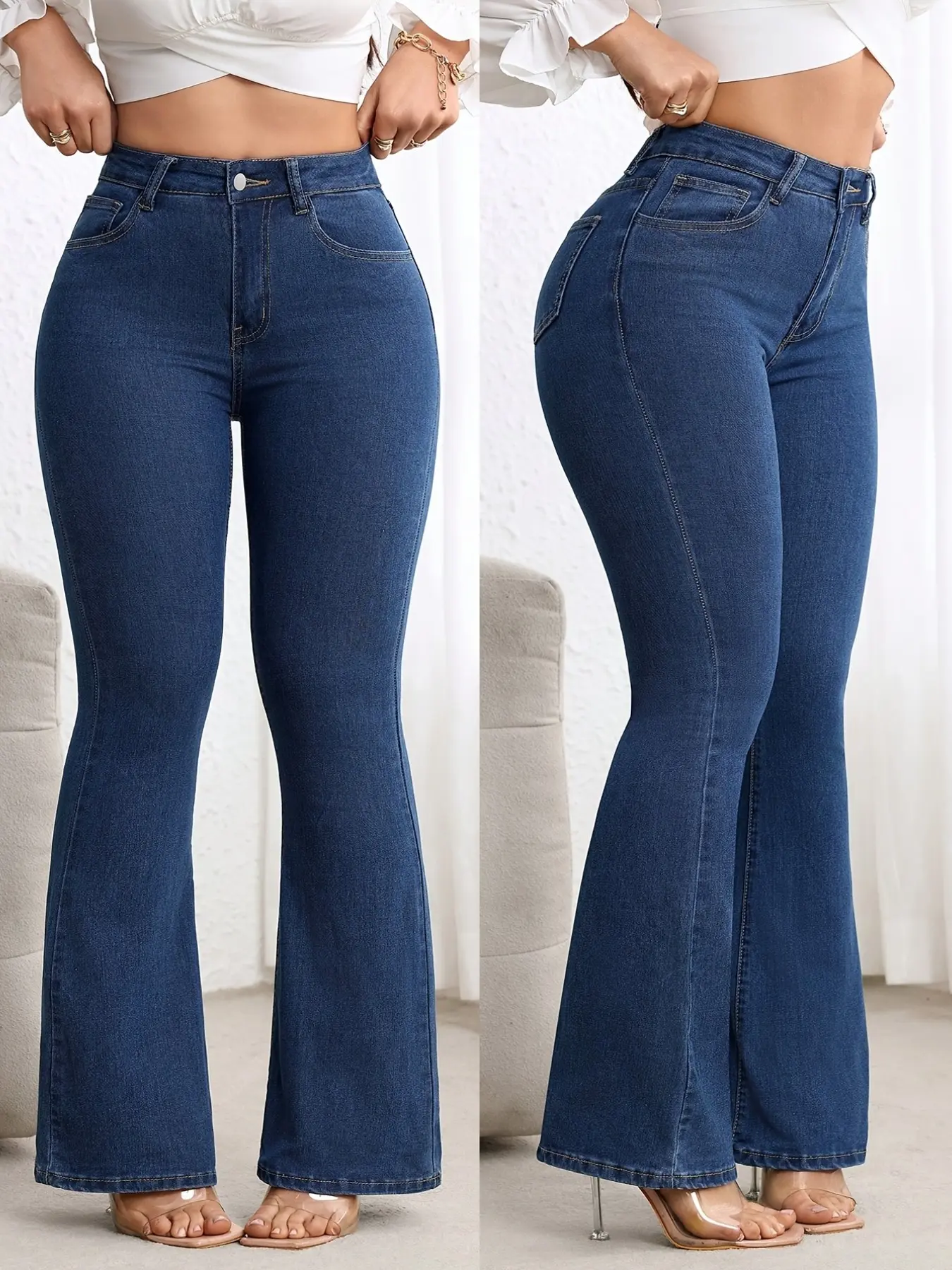 Casual Fashion Streetwear High Elasticity Bell Bottom Denim Jeans, Daily Wear Long Pants, Comfortable and Stylish, Perfect for Everyday Use