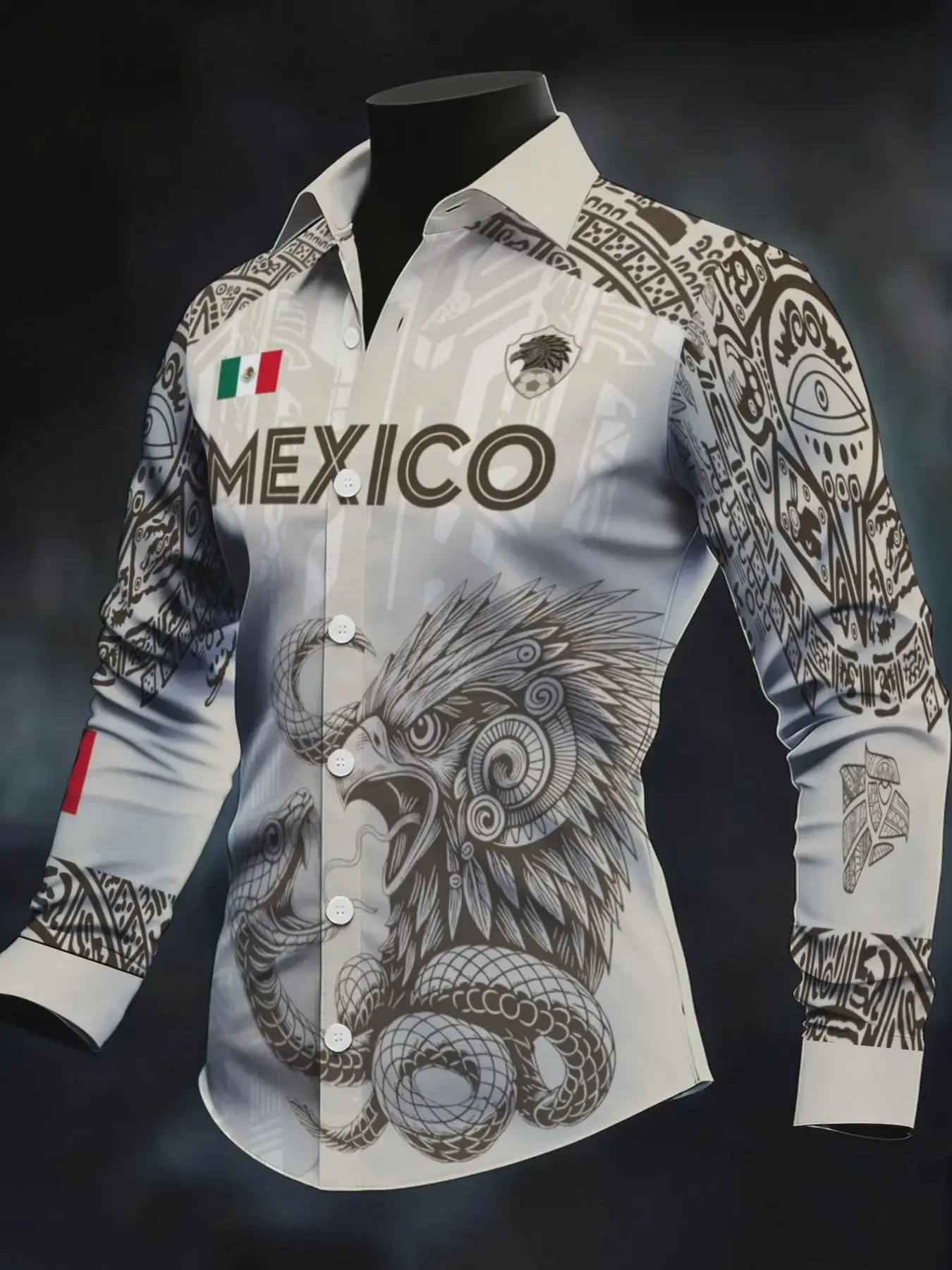 Men's Long Sleeve Shirt, Mexico Cultural Totem Print, Fashion Casual, Aesthetic Shirt, Printed Loose Fit, Trendy Personal Style, All over Print