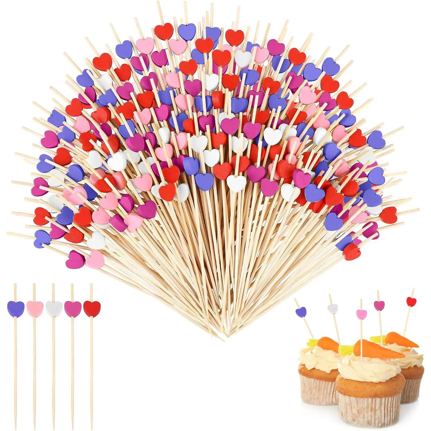 200 count Valentine's Day Classic Color Heart  Picks 4.72 Inch Wooden Toothpicks  Skewers Appetizers Picks Party Supplies for Birthday, Wedding,  Shower