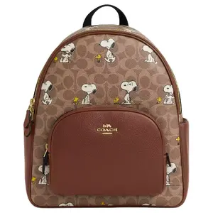 Coach x Peanuts Limited Edition Snoopys Print Coated Canvas Backpack for Women, Tan and Brown Multi-Color