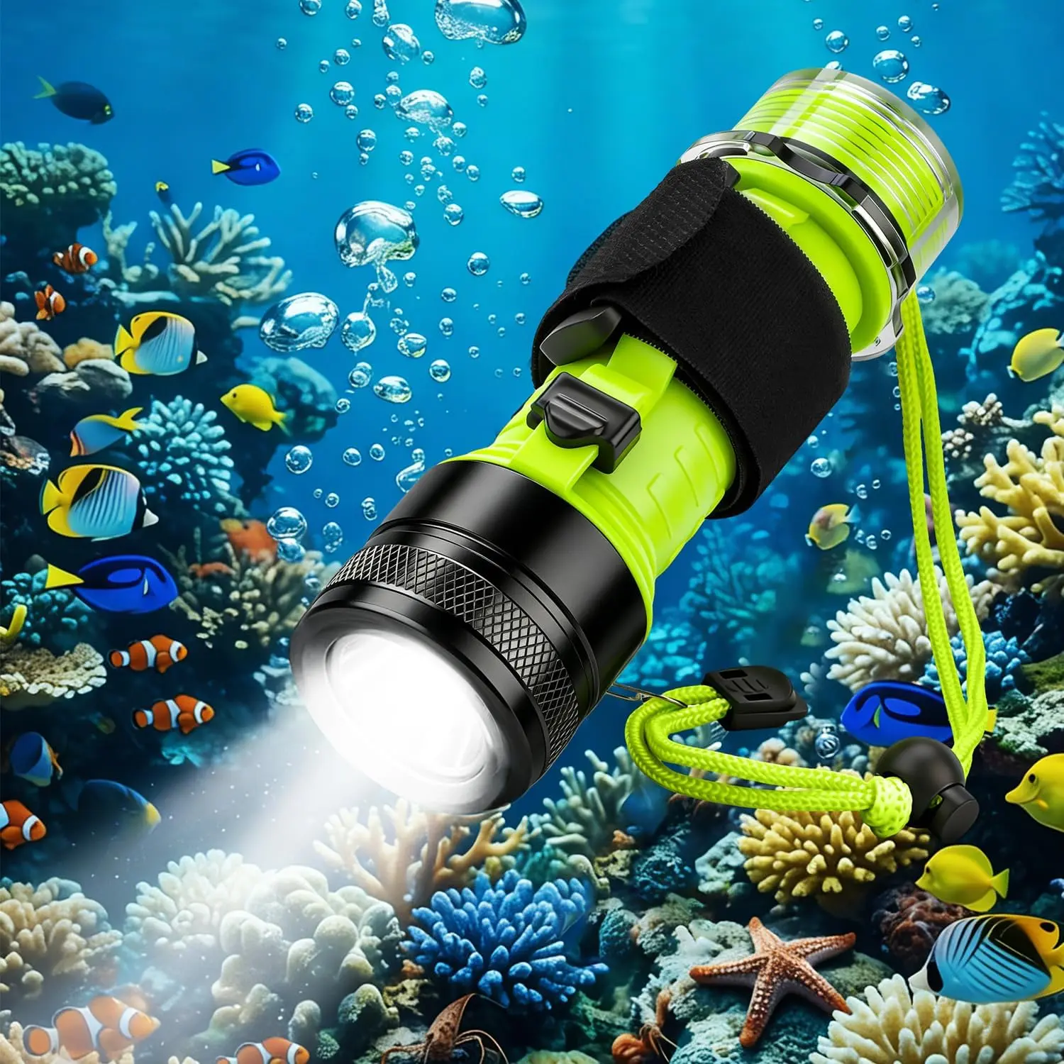Diving Flashlight Underwater LED Light, 1500 Lumen & 3 Modes IPX8 Waterproof Flashlight, Rechargeable Torch Scuba Dive Light Water Lights for Night Diving Snorkeling Outdoor Sports(Black)