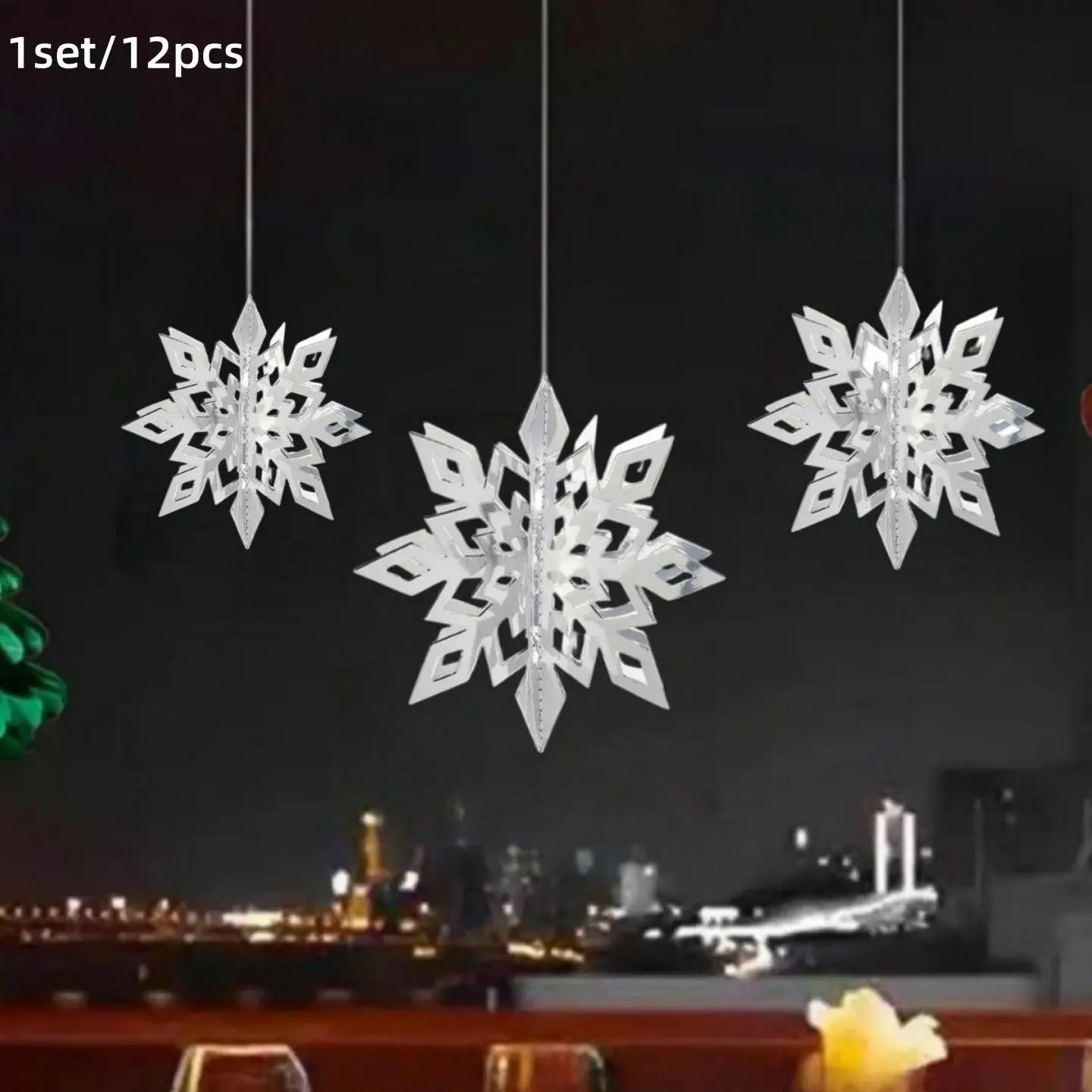 12-Piece 3D Silver Color Snowflake Hanging Decorations, Winter Christmas New Year Indoor Festival Decor, Lightweight Holiday Ornaments
