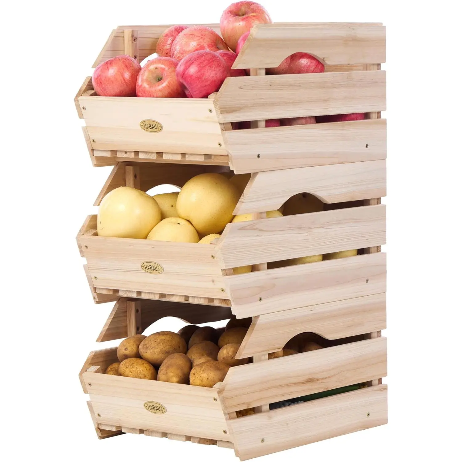 Set of 3 Solid Wood Stackable Produce Organiser Bins - Functional Produce Store Boxes with Airflow Vents, Compact for Kitchen Pantry Potato, Onion Organization