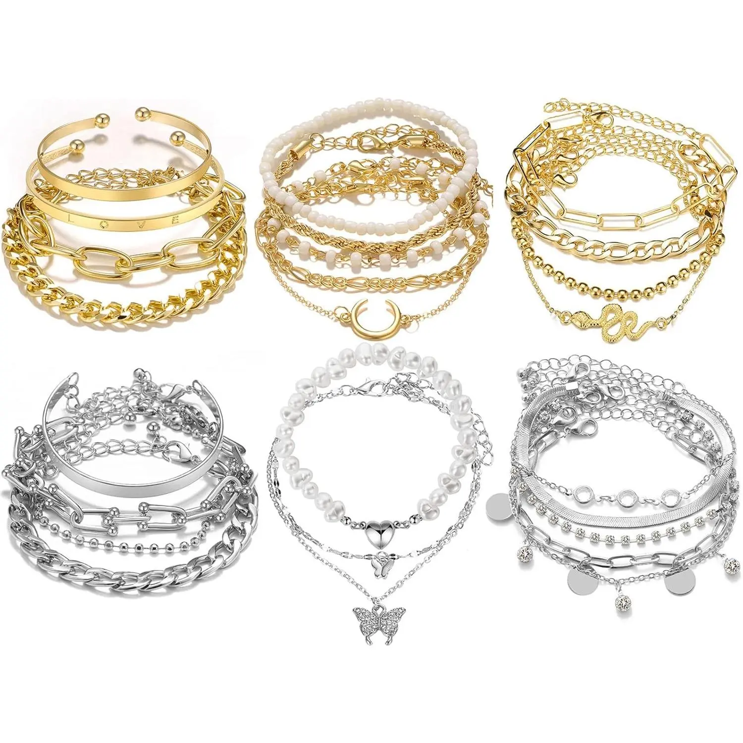 18-25 PCS(6 Pack) Boho Gold Bracelets Set for Women Stackable Chunky Dainty Bangles Adjustable Chain Flat Cuff Cuban Punk Charm Bundle Jewelry