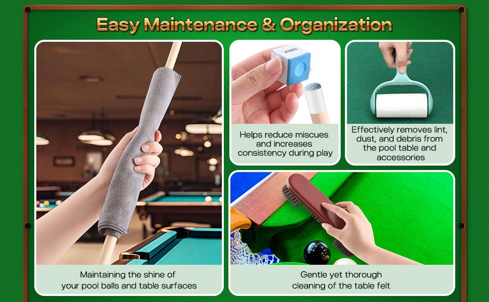 ShinyRelief 22 Pcs Pool Table Brush Set Wooden Billiard Rack 8 or 9 Ball Triangle Diamond for 2-1/4" Pool Ball with Polish Cloth Sticky Lint Roller Cue Chalk Cube Accessories