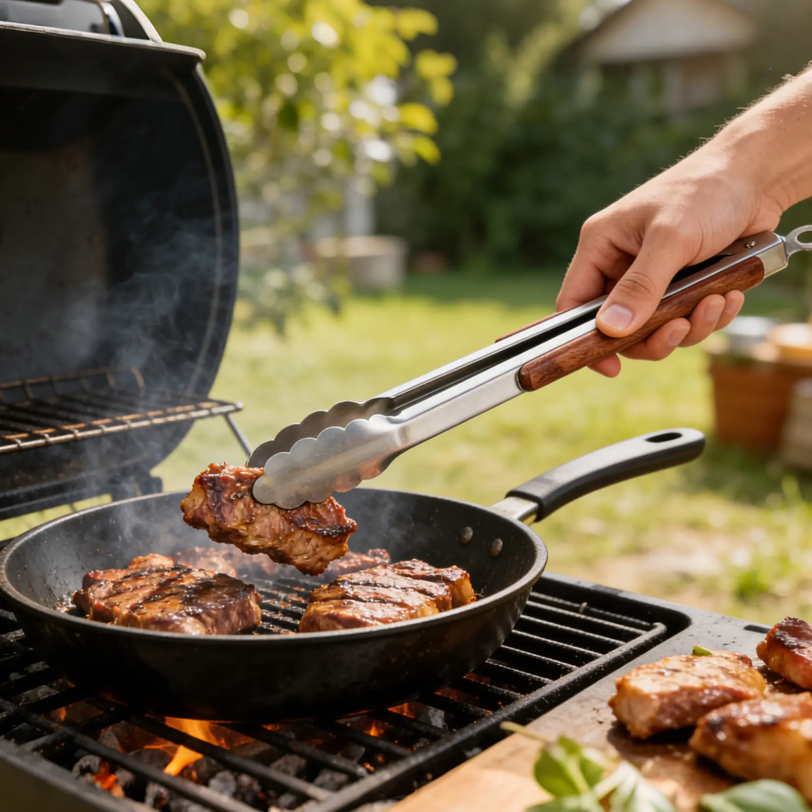 Heavy Duty Stainless Steel BBQ Grill Tool Set, 3-Piece with Rosewood Handles – Serrated Slotted Spatula, Meat Fork, Locking Tongs – Heat Resistant, Rust-Proof Utensils for Outdoor Barbecue, Camping