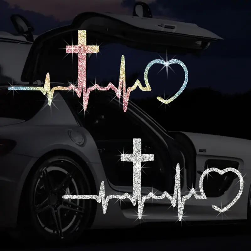 Bling Rhinestone Car Decal, Christian Cross Heart Lifeline Design, Waterproof Exterior Decor for Auto Windows & Bumpers, Cars, Car Decoration