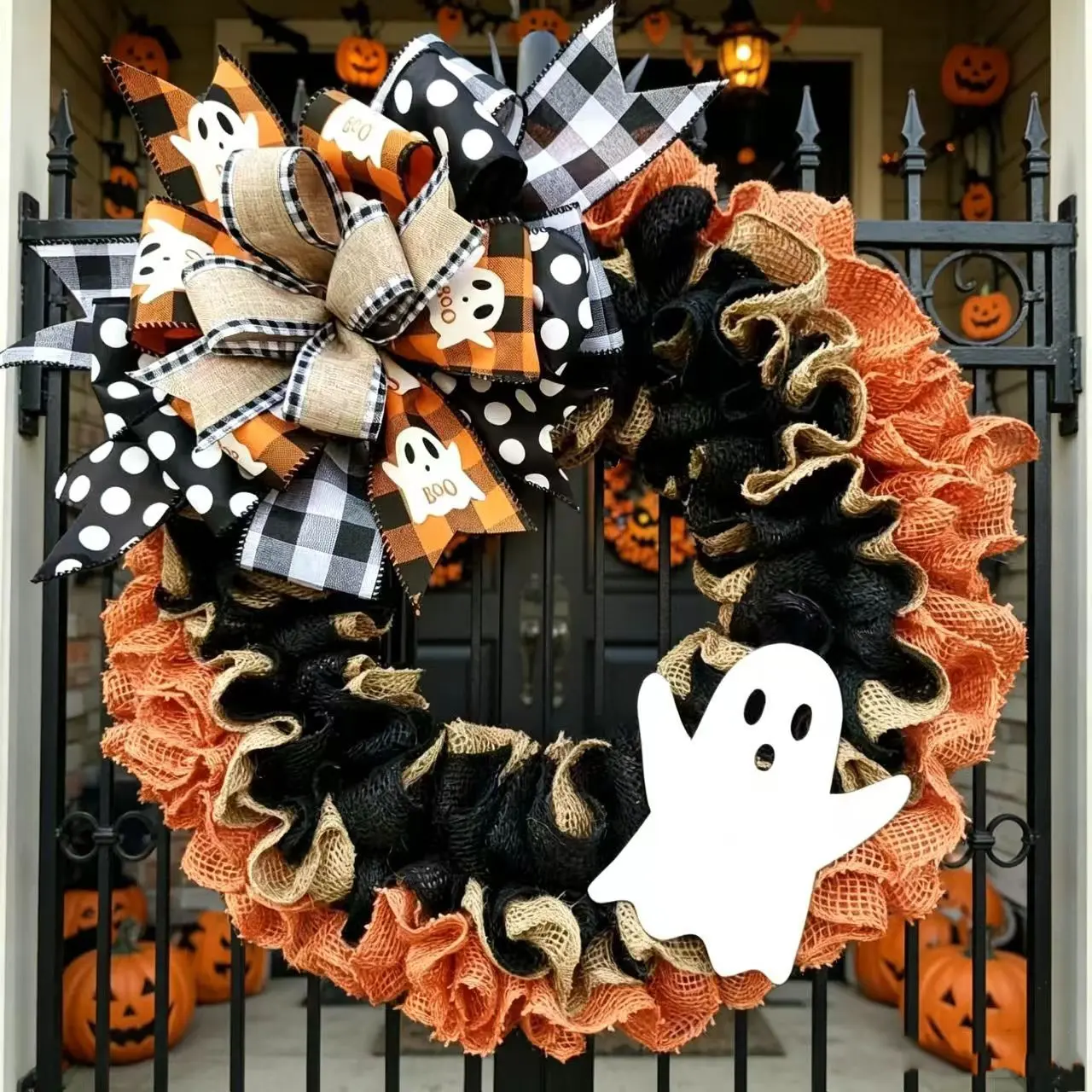 Halloween Ghost Wreath Window Decor, Burlap Bow Floral Door Hanging, Horror Atmosphere Party Decoration, Home Festival Ornament