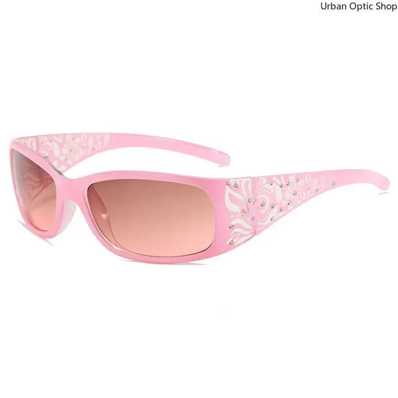 Y2K Pink Rhinestone Floral Wrap Around Sunglasses UV400 Vintage Shades for Women