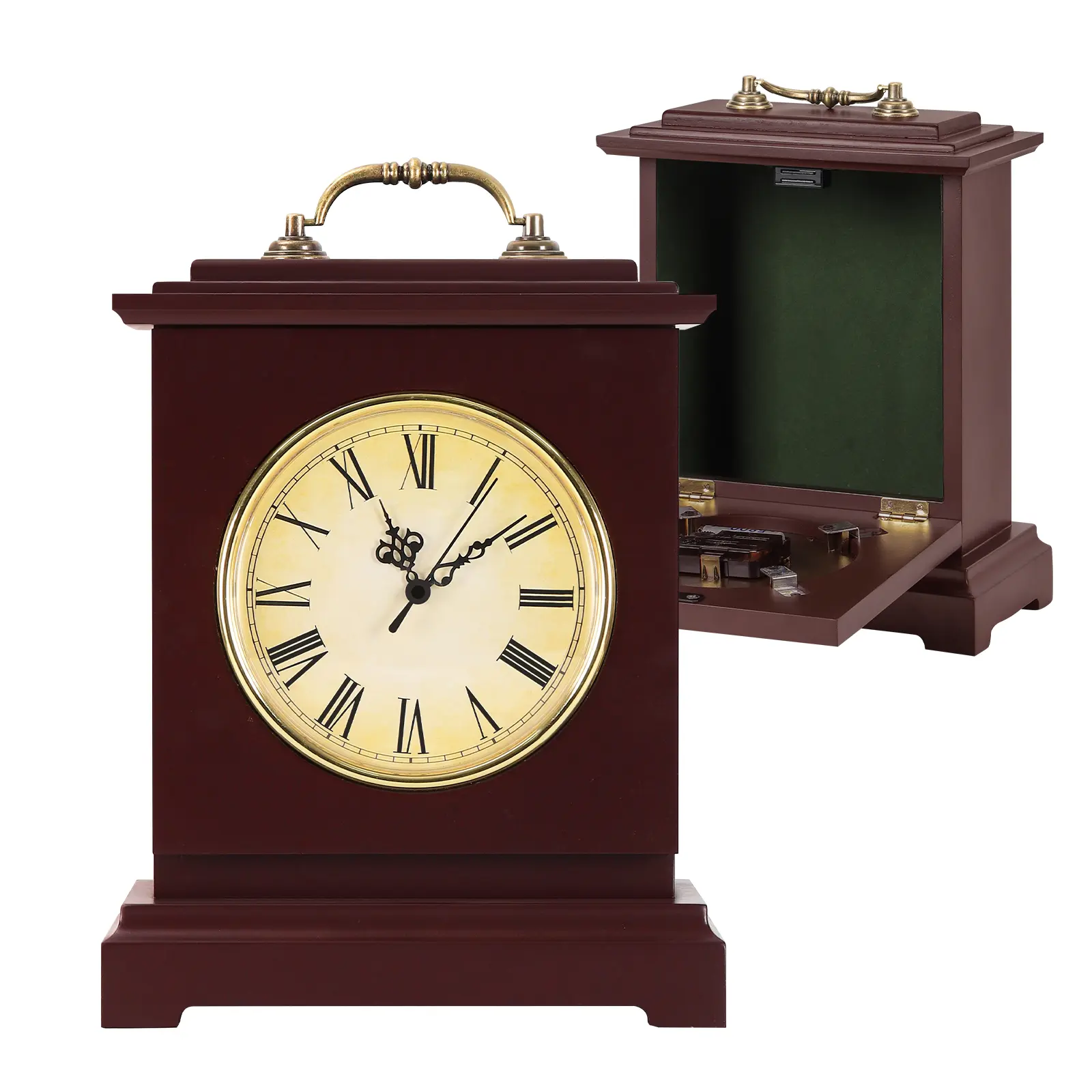 Vintage Rustic Brown Wooden Mantel Clock with Built-in Hidden Safe Secret Compartment, Small Disguised Table Clock Storage for Cash, Jewelry, Rings and Watches, Home Decor Desk Clock for Living Room & Fireplace Mantel
