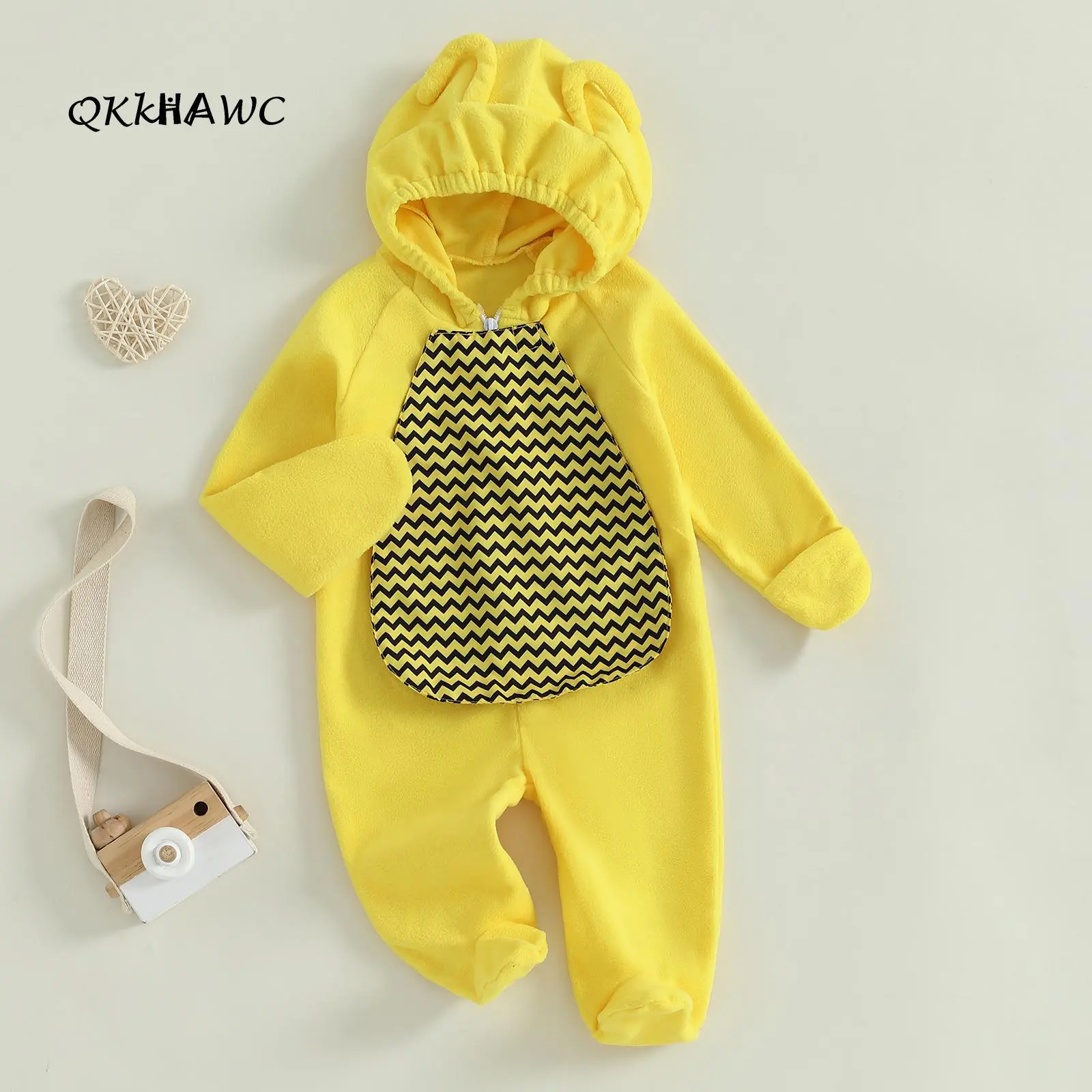 Baby Bumblebee Halloween Costume, Yellow Fleece Footed Romper with Hood & Striped Belly, Cute Bee Outfit for Infants 0-18M