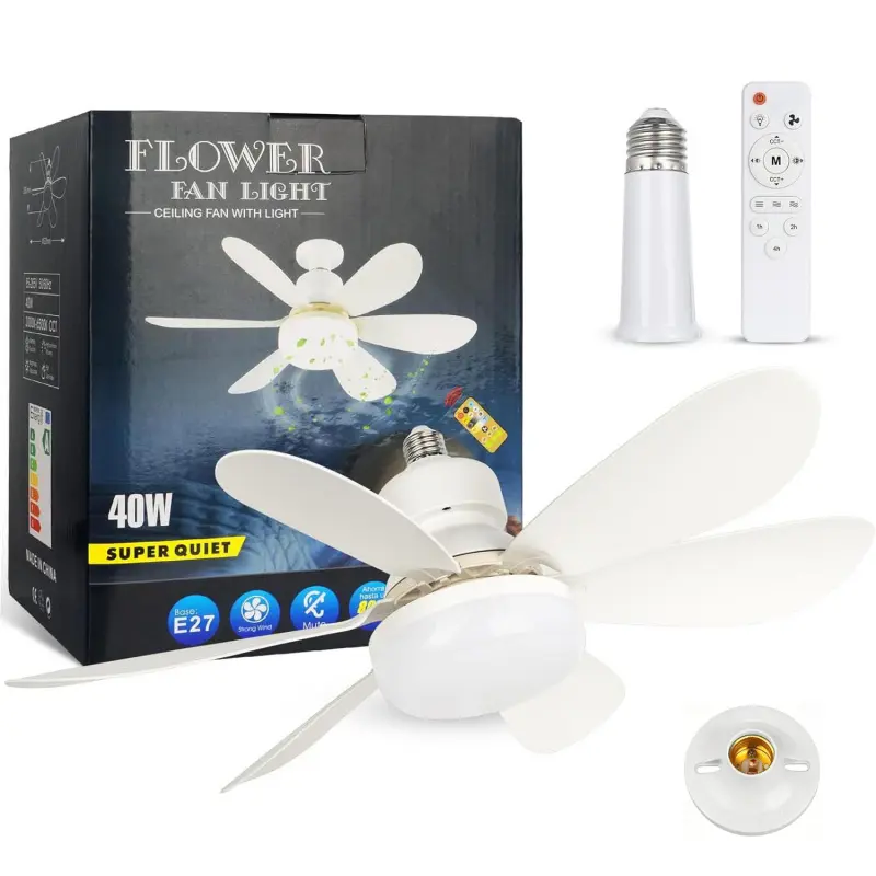Plug-In Ceiling Fan Light with Remote Control Adjustable Brightness, E27 Screw Bulb Fan Lamp, Super Quiet Small Fan Indoor for Bedroom Kitchen Living Room Garage, Adjustable Lights