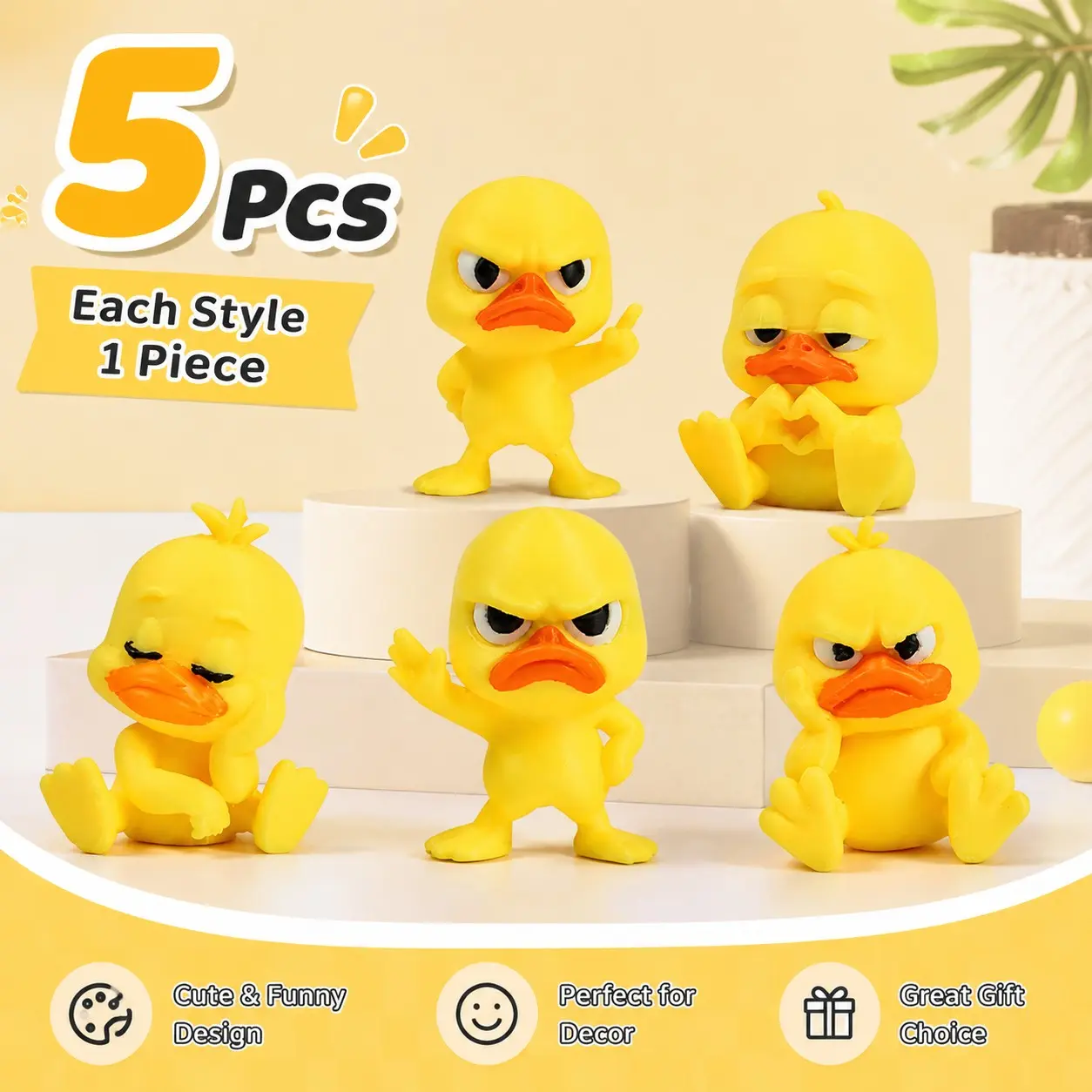 5 Pcs Funny Expressions 3D Printed Duck Decorative Figurines, Cute 3D Duck Ornaments for Desk and Car Decoration