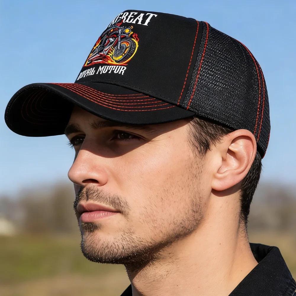 Hot Sale Motorcycle Embroidered Trucker Hat Flame Biker Patch Baseball Cap For Man Woman Breathable Streetwear Summer Mesh Caps