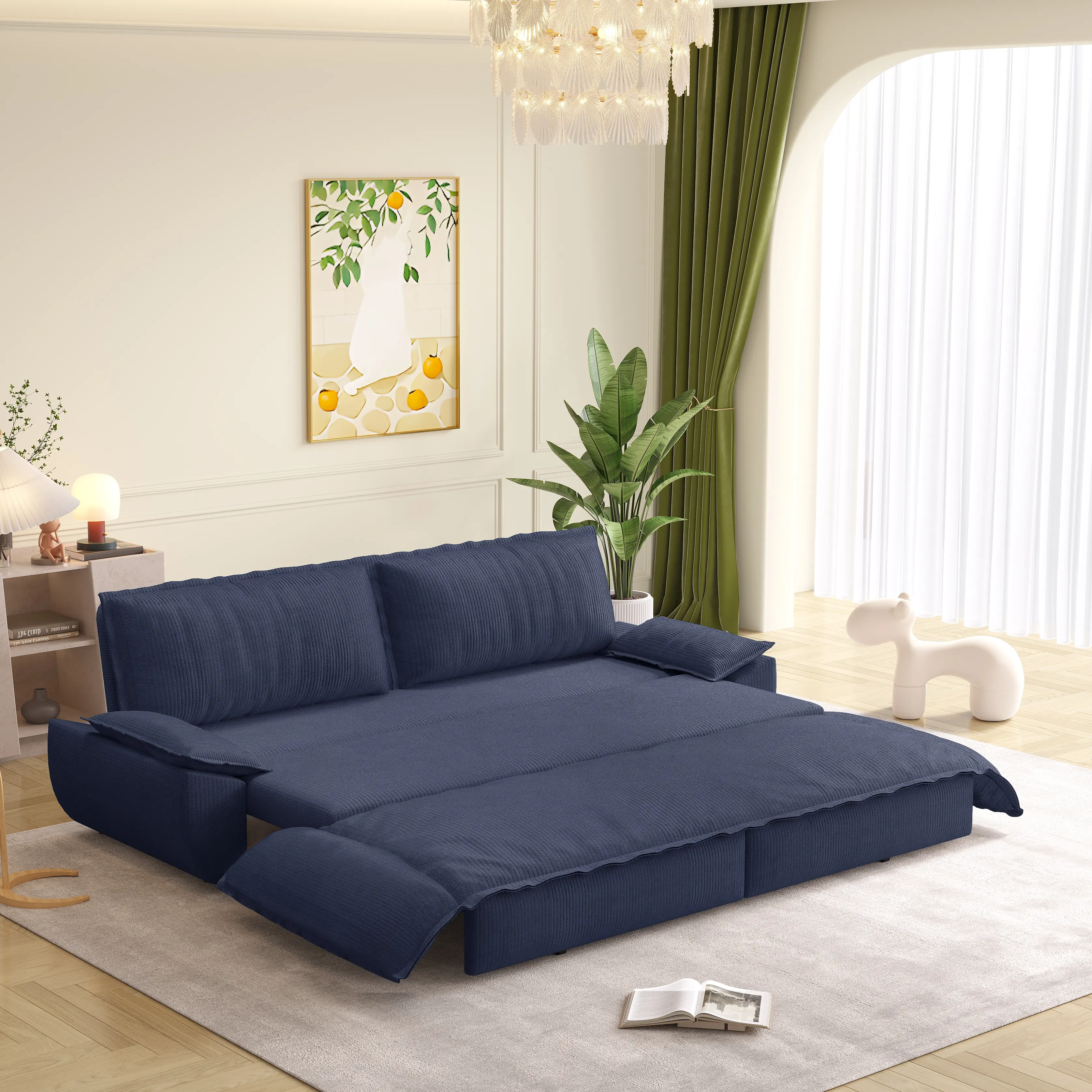 ARCH 3-in-1 Convertible Sleeper Sofa Bed Queen Pull Out Couch Loveseat with Chaise, Blue Corduroy Living Room Couch, Space-Saving Guest Bedroom Furniture, 73.2"L x 33.1"W x 36"H
