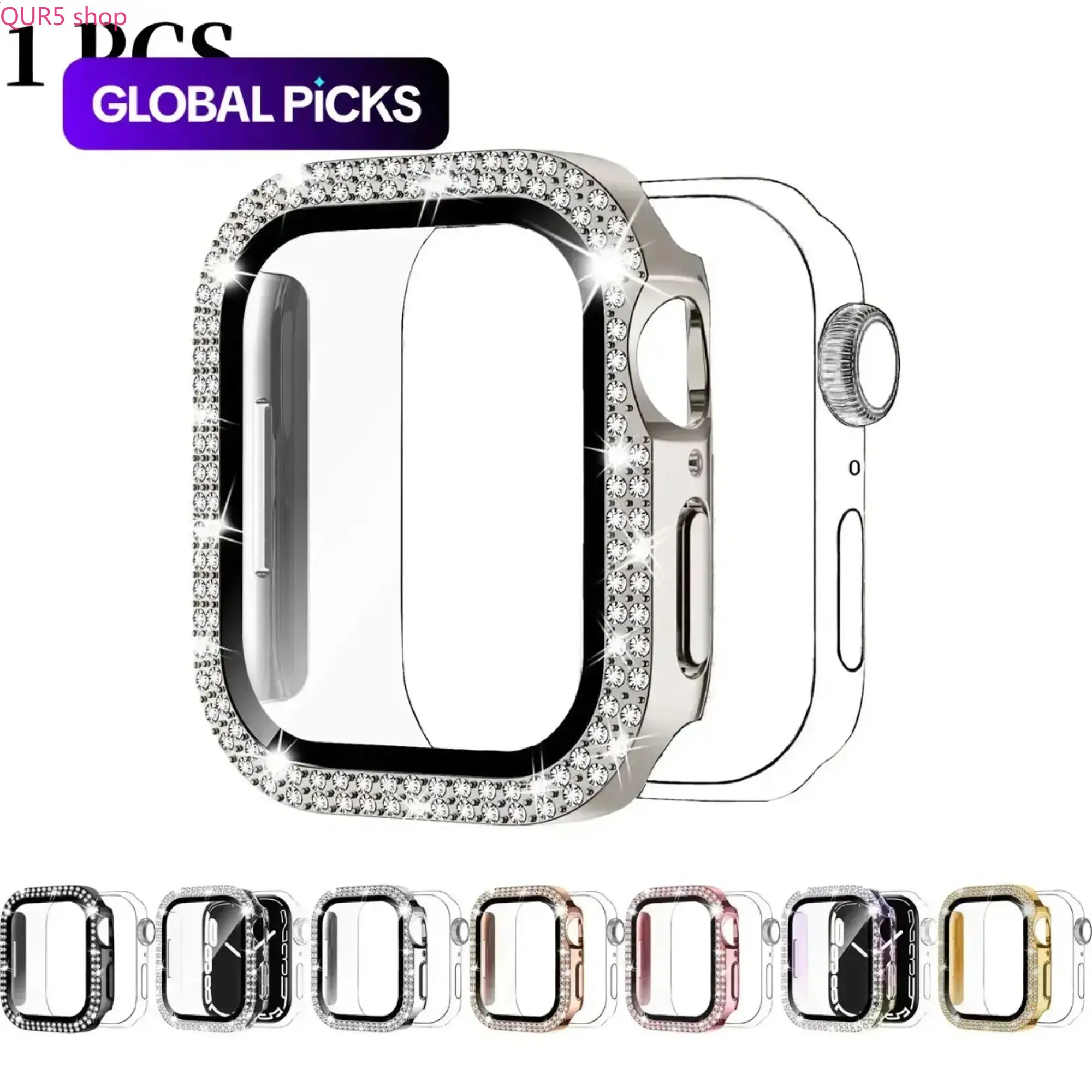 2026 Hot Single 2-in-1 Rhinestone Apple Watch Case with Built-In Tempered Glass Screen Protector, Ultra-Thin Anti-Drop Bling Protective Cover, Fits 38/40/41/42/44/45/46/49mm Ultra, SE & Series 1–10, Unisex Glam Decor Smartwatch Accessory