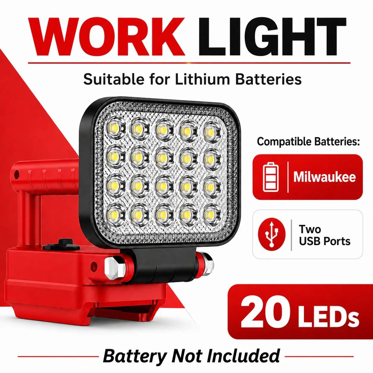 Wireless LED Work Light for Milwaukee 18v Battery, 12w 1500lm Wide Beam, Dual USB Charging Ports, Ideal for Emergency, Workshop, Garage, Portable Working Lights