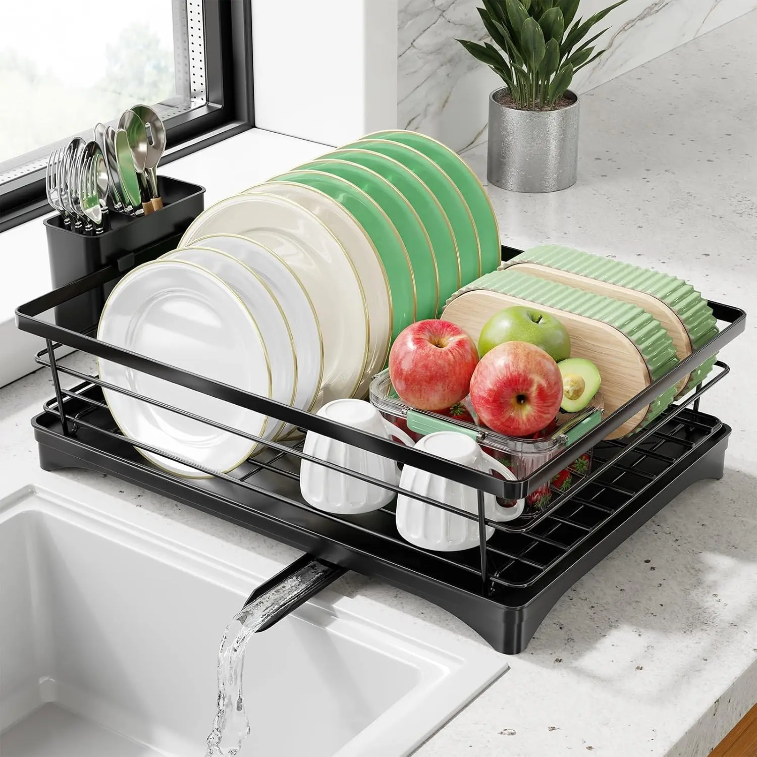 Multi Functional Rotatable Stainless Steel Dish Drainer Rack, Round Kitchen Counter Storage Organizer with Drainboard, Cup Cutlery Holder, Space Saving Dish Storage Shelf for Plates Bowls Mugs, Fit Sink Counter Small Household Apartment Kitchen Decor