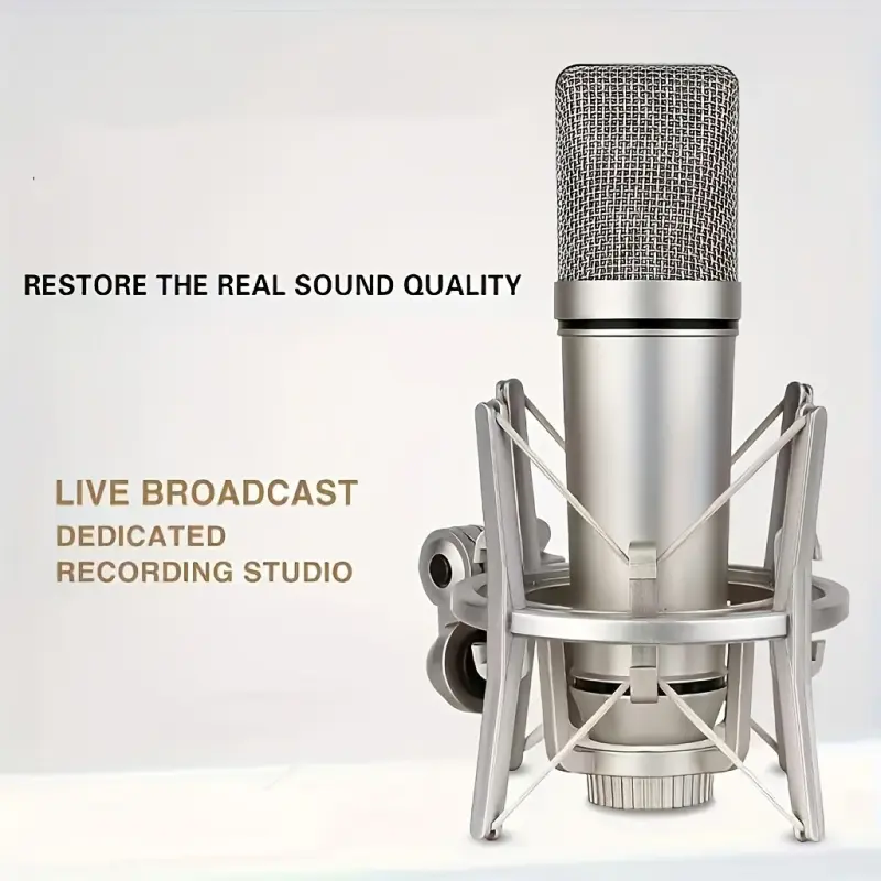 Professional condenser microphone, Singing mic, for studio recording, made of champagne colored metal material XLR connection cable, heart-shaped pointing, noise reduction function, Equipped with a shock absorber, used for live streaming, recording
