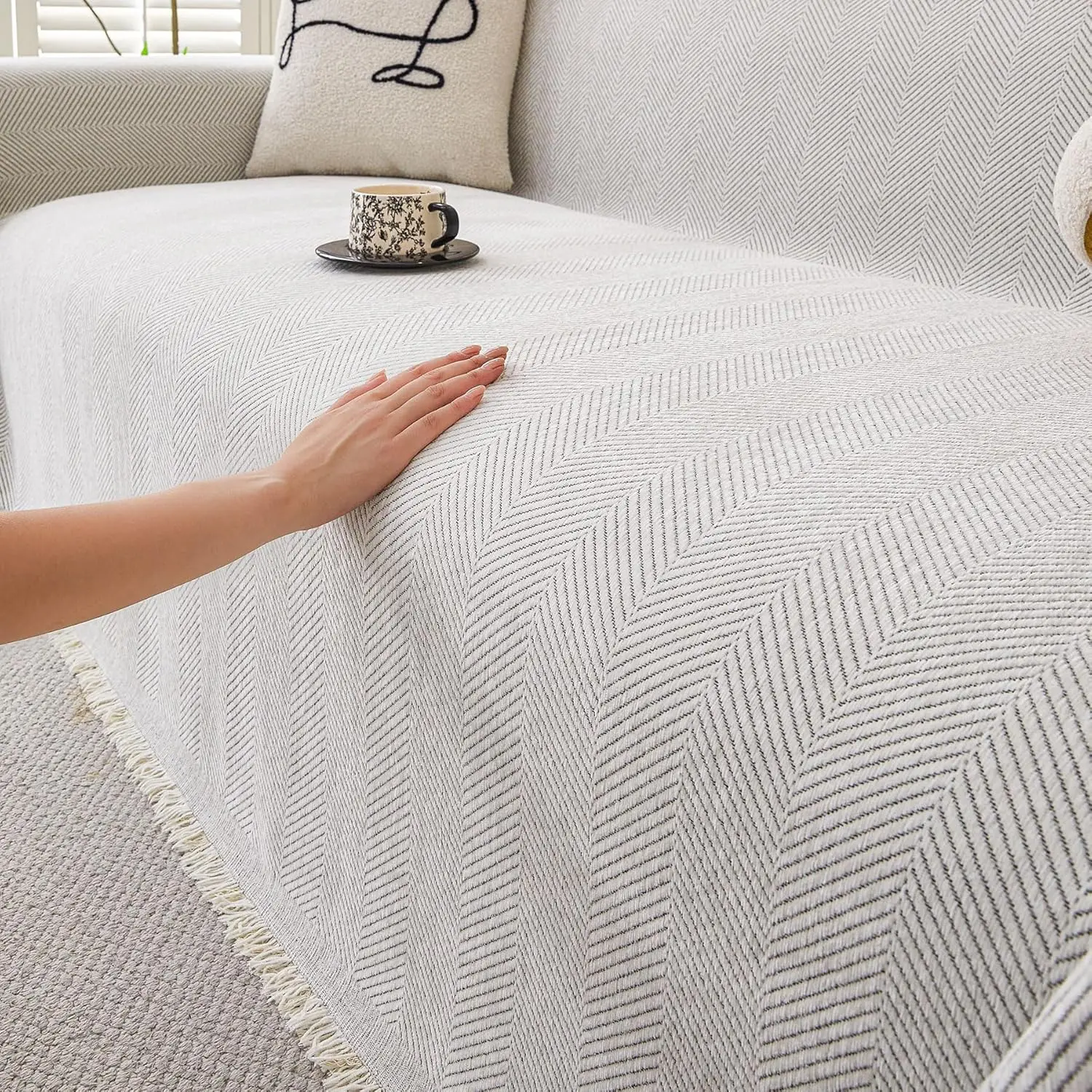 Non Slip Washable Sectional Couch Cover, Sofa Covers for 3 Cushion Couch, Pet Dog Furniture Protector Cover Blanket for Living Room (Off White, 91"x134")