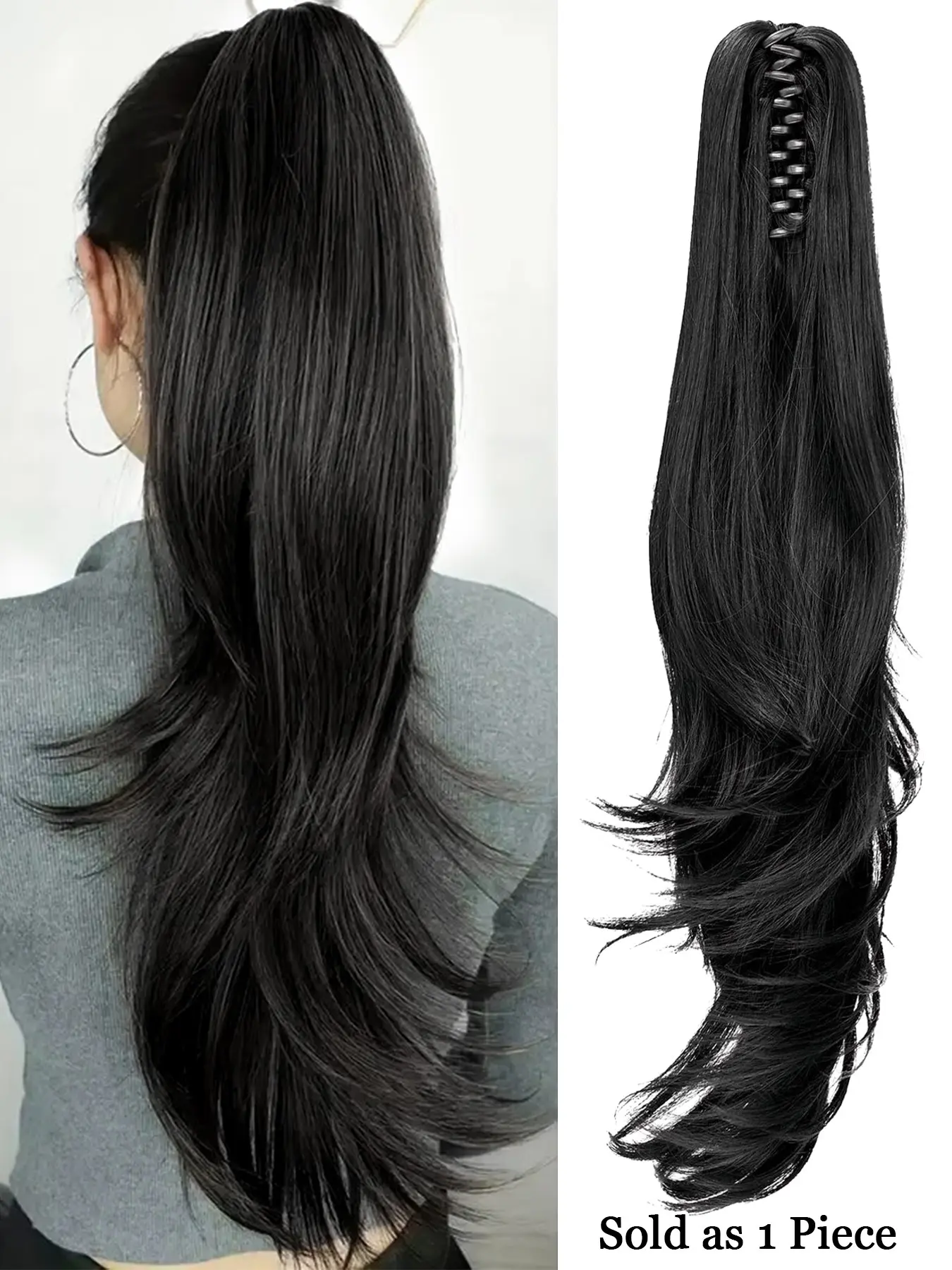Long Straight Claw Clip Ponytail (Black), 22 Inches Straight with Slight Curl at Ends, Synthetic Fiber Women's Ponytail Hair Extension, Clasp-Style Elegant Straight Ponytail, Versatile for Daily Wear and Parties, Synthetic Hairpieces