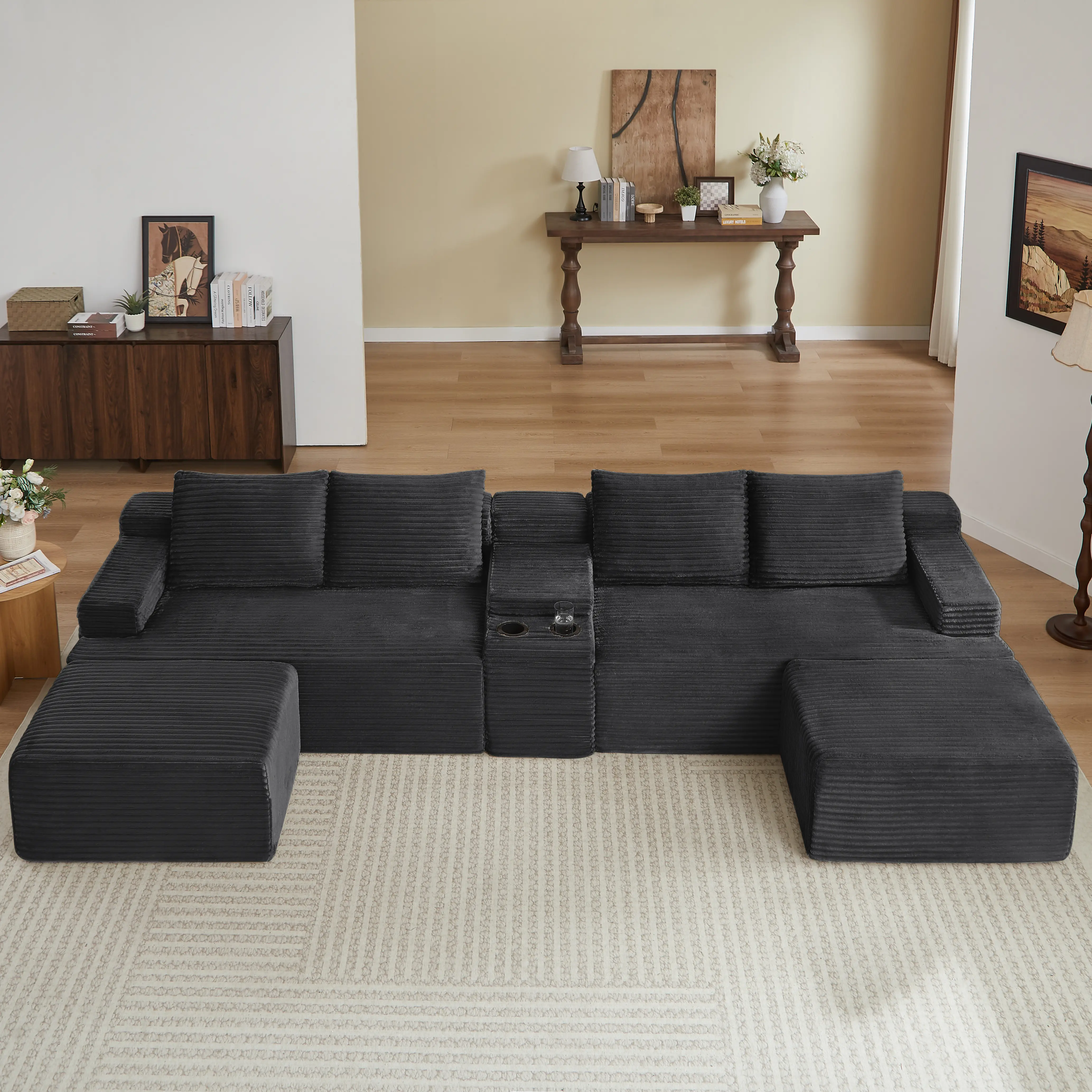ARCH Compressible U-Shaped Sectional Sofa Set 5-Seat Modular Cloud Couch with Removable Pillow Corduroy Fabric Dark Grey Living Room Lounge Furniture, DARK GREY Color Options, Corduroy Material, 5 Seat Seat Count, Product Dimensions: Not Applicable