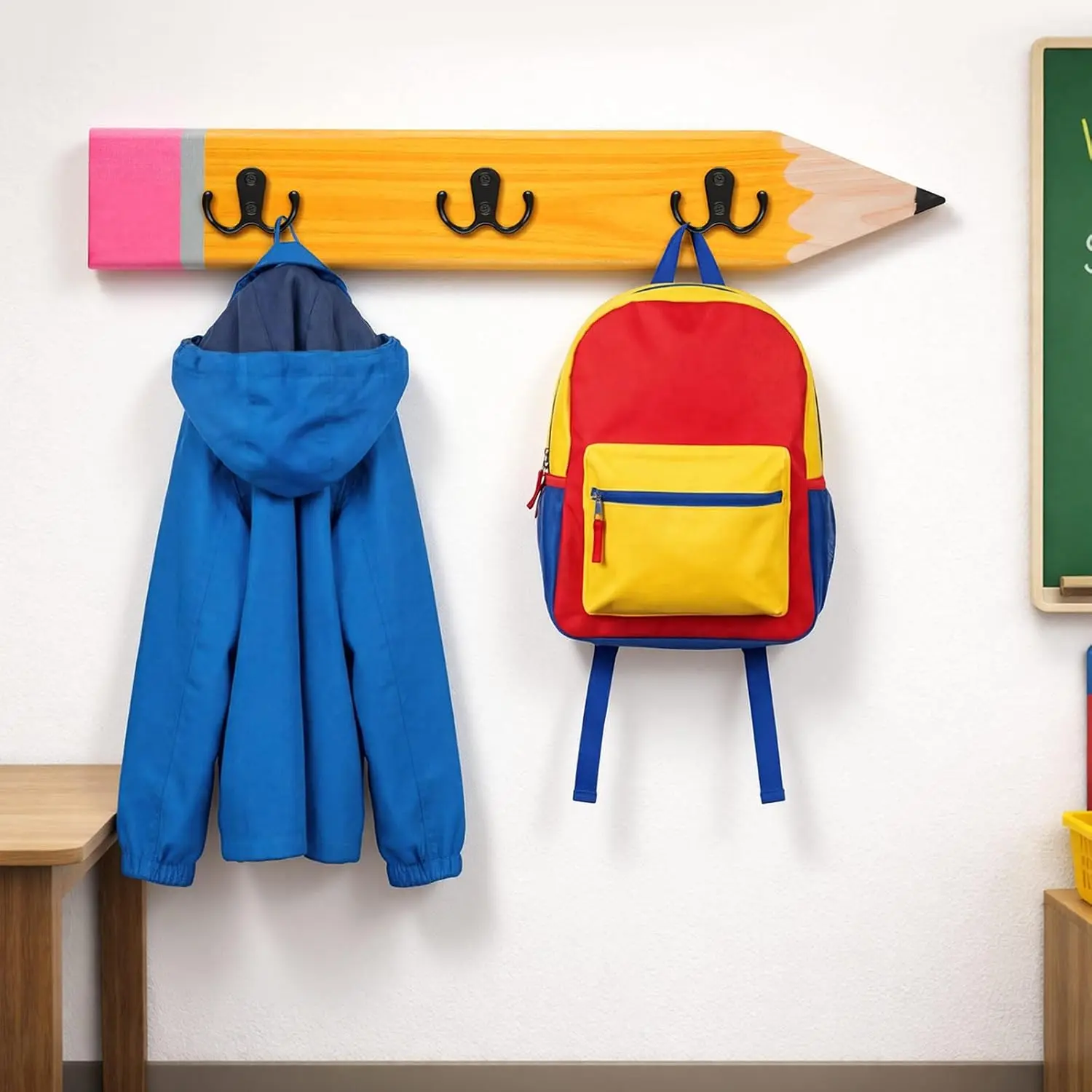 RattanView Compact Pinewood Pencil-Shaped Wall Mount Coat Rack, 15.7in x 3.15in Heavy-Duty Rail with 3 Hooks, Back to School Organizer for Classroom/Dorm Hanging Coats, Backpacks, Hats