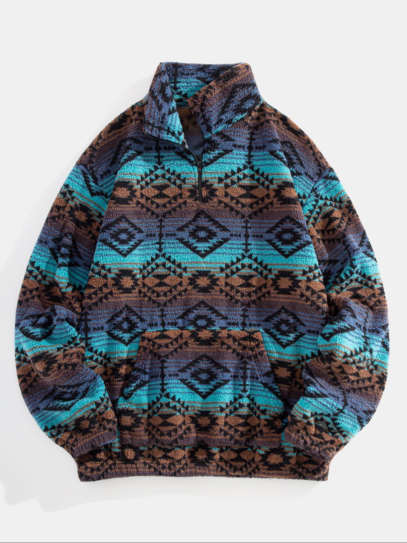 Men's Ethnic Pattern Zip Up Kangaroo Pocket Plush Sweatshirt, Menswear Casual Boho Style Drop Shoulder Long Sleeve Fuzzy Outerwear, Men's Fall & Winter Clothes