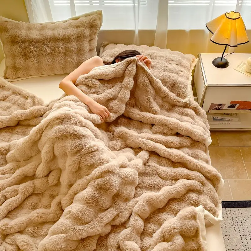 1pc Rabbit fur-like plush double-layer blanket, soft and comfortable, thickened for warmth. Suitable for sofa, bedroom, and travel. Can be used as a cover blanket, shawl, or bed sheet.